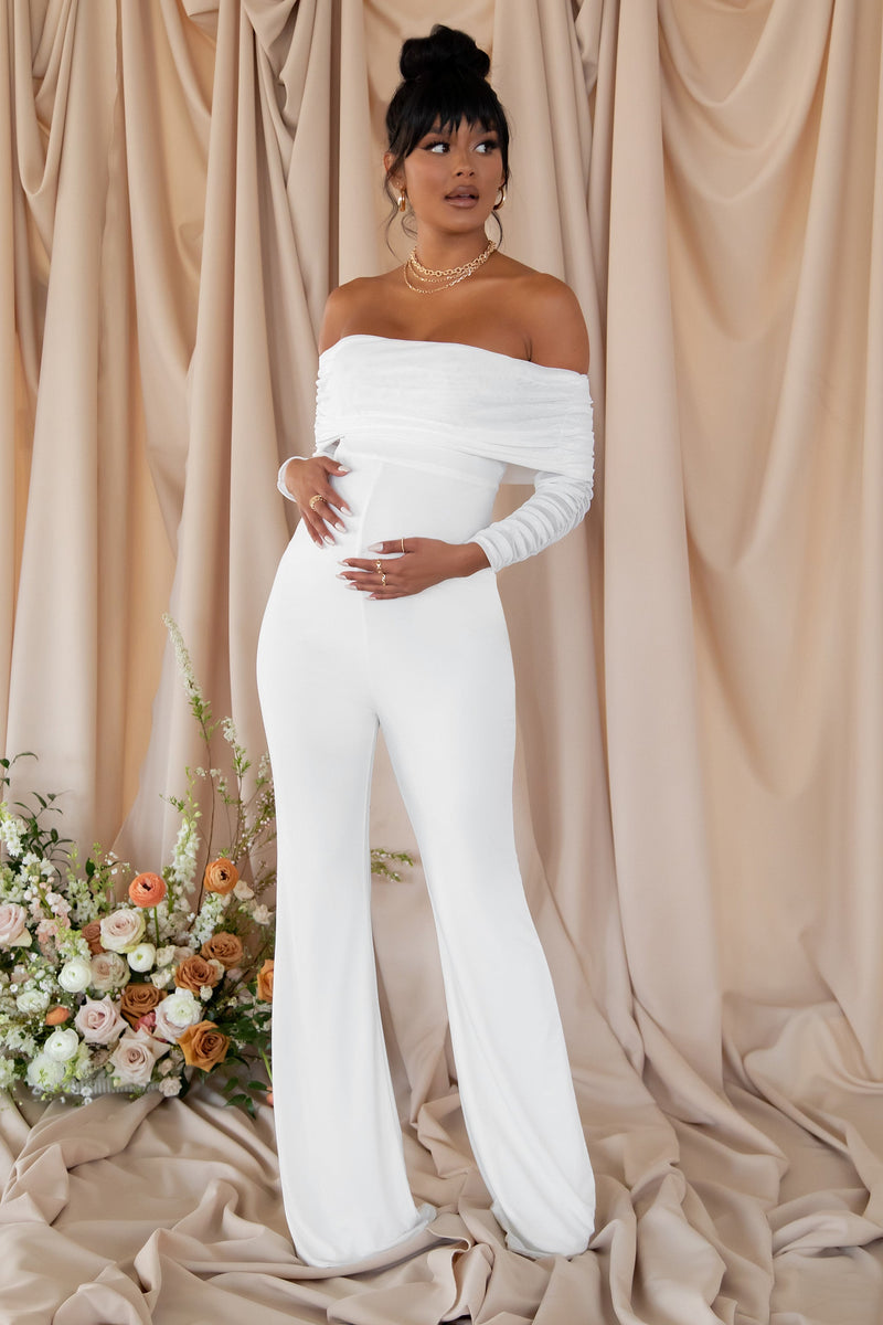 Count Down | White Maternity Ruched Mesh Bardot Jumpsuit