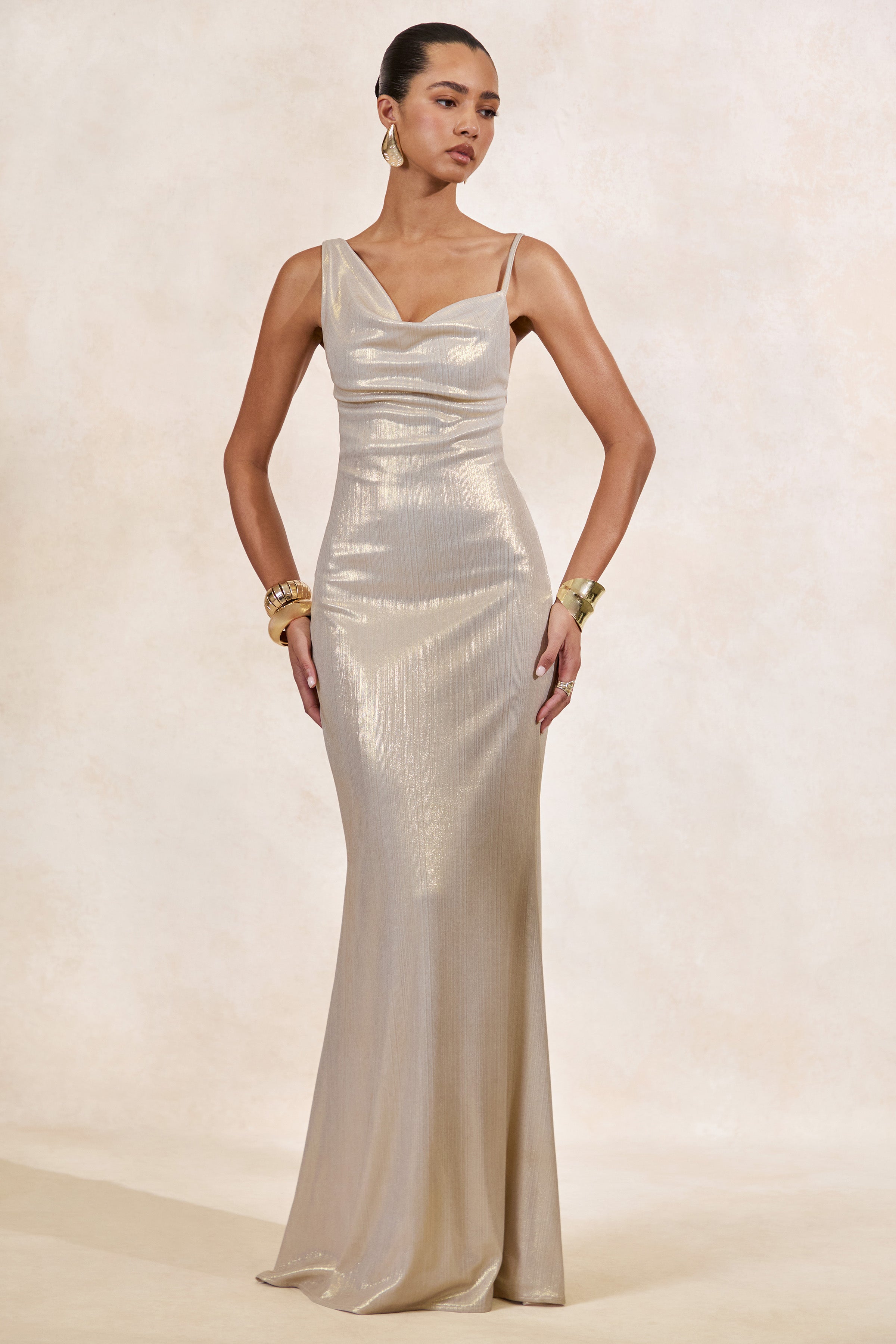 Galaxy Shimmer | Champagne Bias Cut Cowl Front Maxi Dress – Club L London