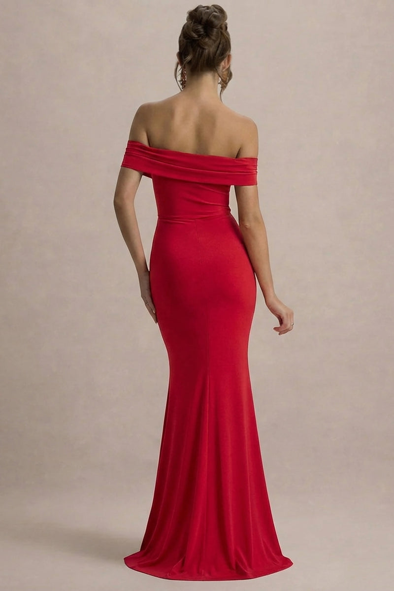 strapless open back dress Law of Attraction Red Bardot Draped Split Maxi Dress – Club L London
