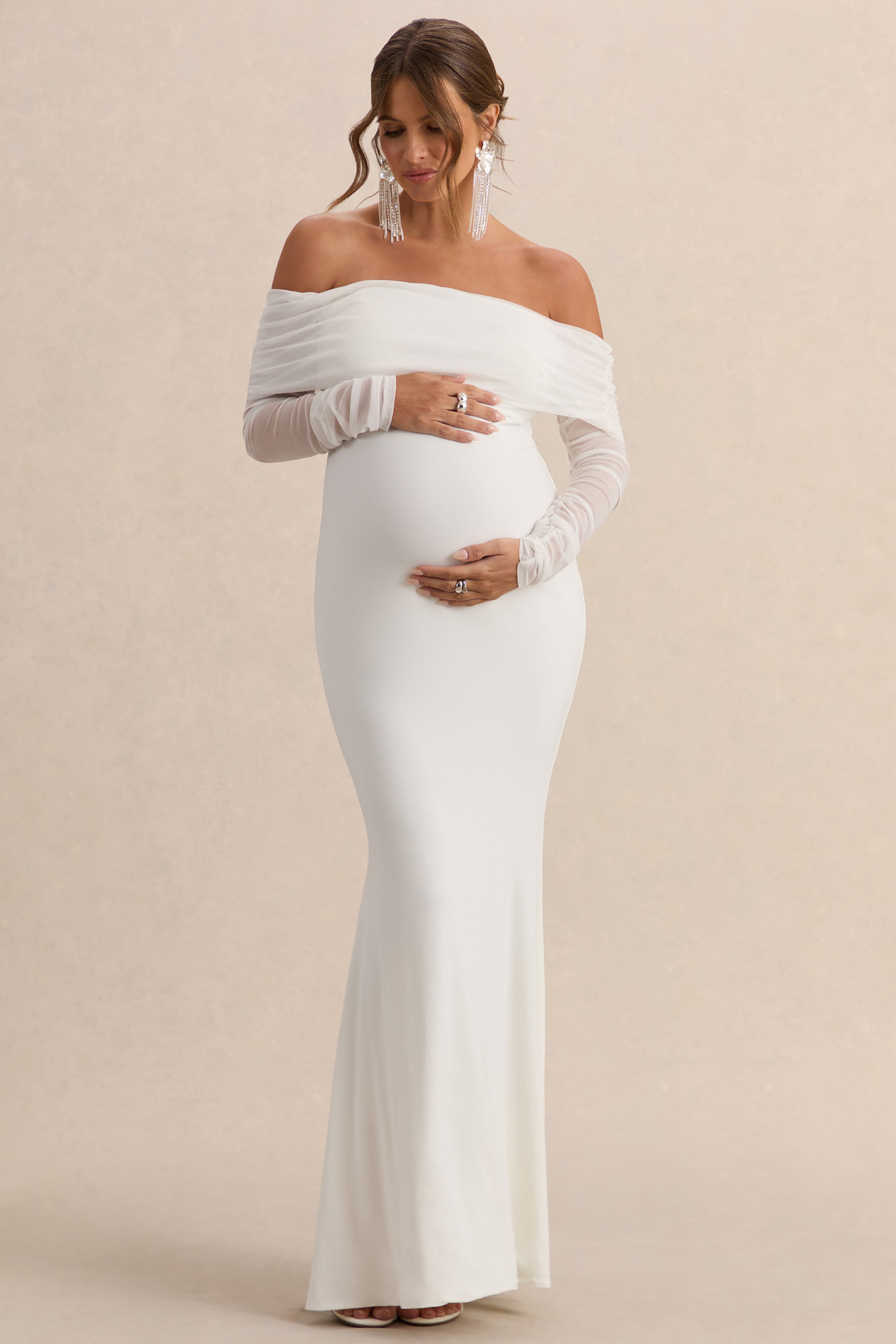 white backless maternity dress Saffira | White High-Neck Maternity Maxi Dress With Draped Detailing