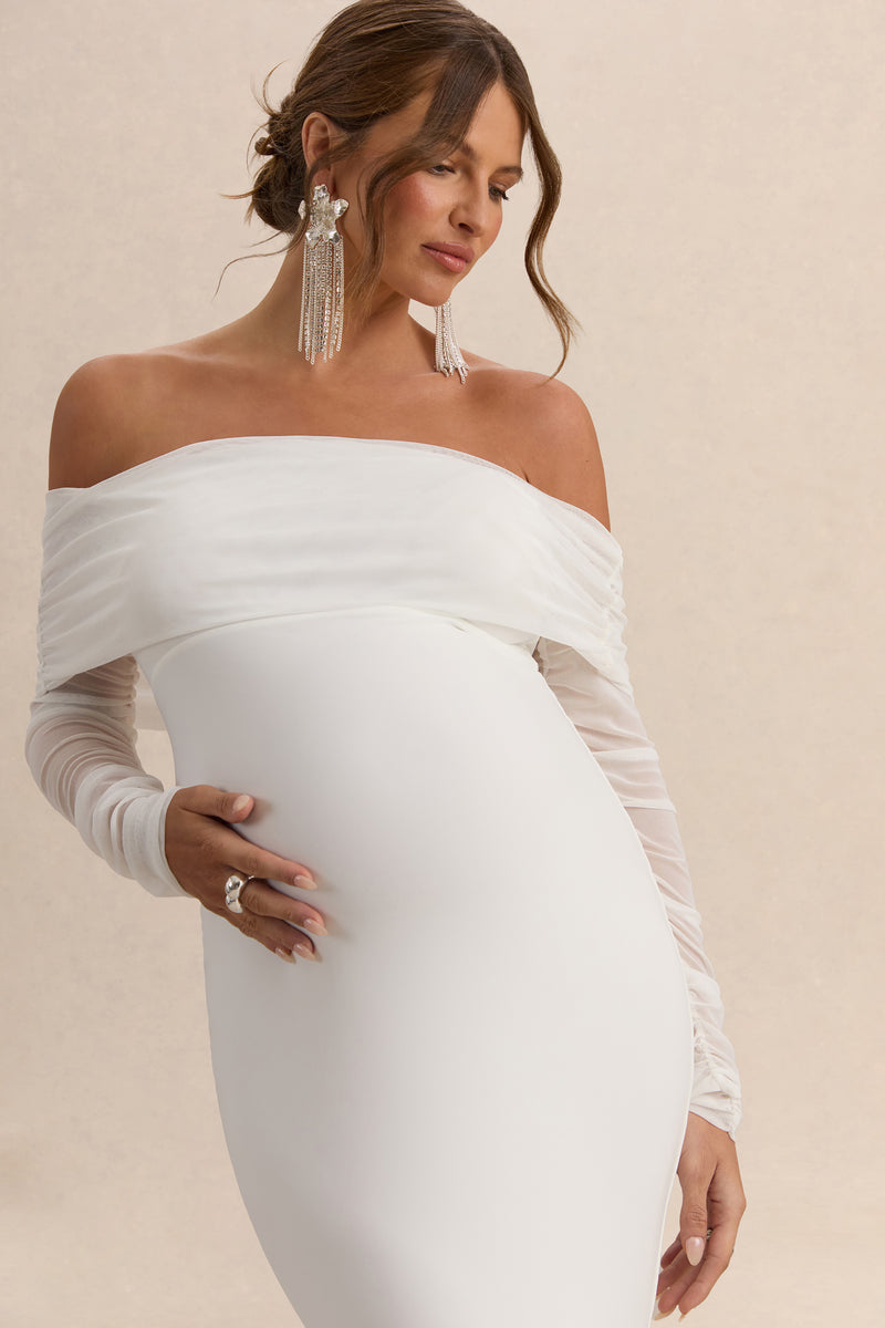 Pretty Perfect White Maternity Ruched Mesh Bardot Maxi Dress – Club L  London
