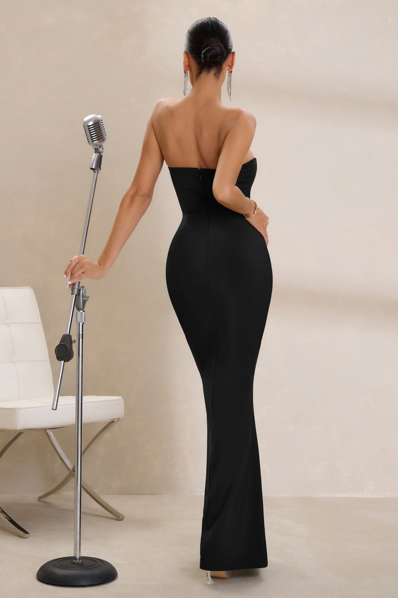 Daphne Black Bandeau Corset Thigh Split Maxi Dress – Club L