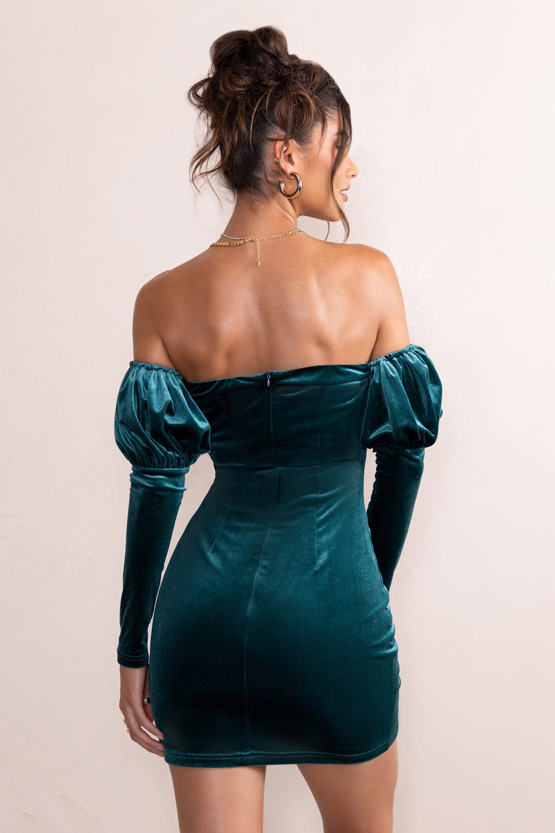 ivy hollow mini dress Ivy Teal Velvet Cut Out Mini Dress With Ruffle Sleeves – Club L London