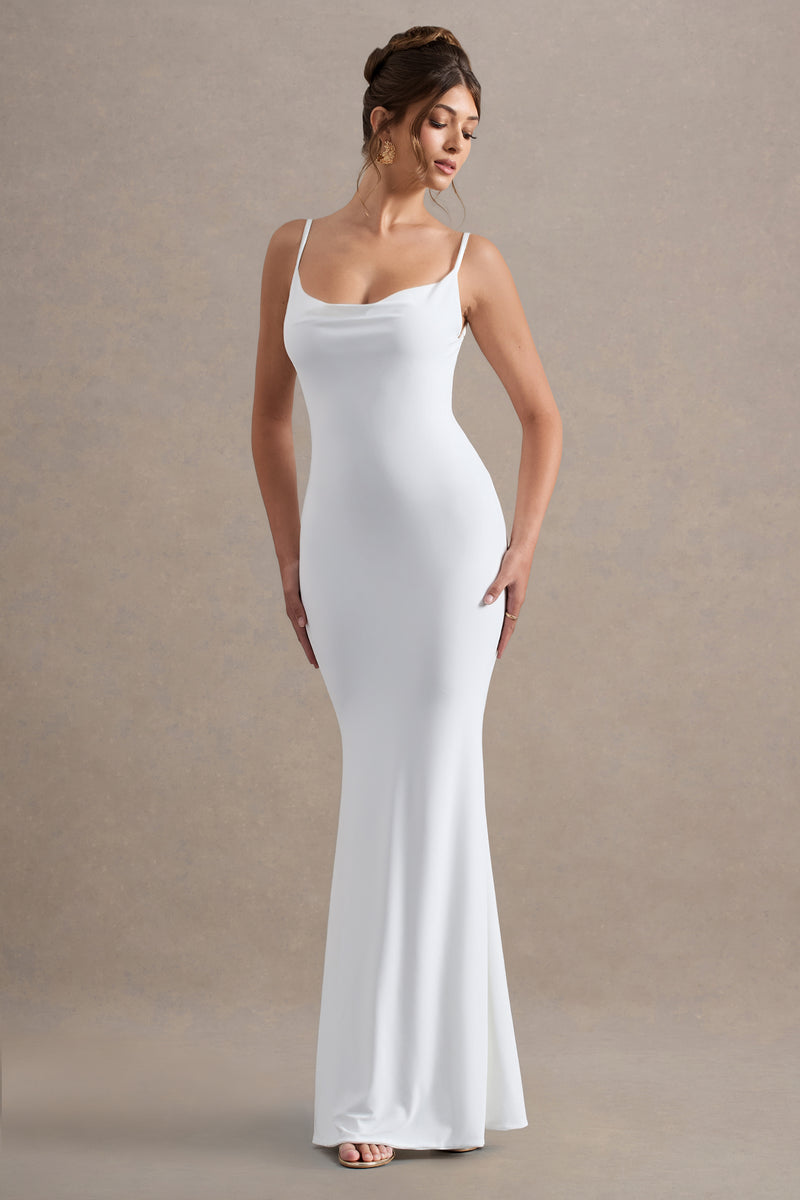 Francoise White Cowl Neck Backless Maxi Dress With Lace Insert Club L London - USA Francoise White Cowl Neck Backless Maxi Dress With Lace Insert Club L London - USA