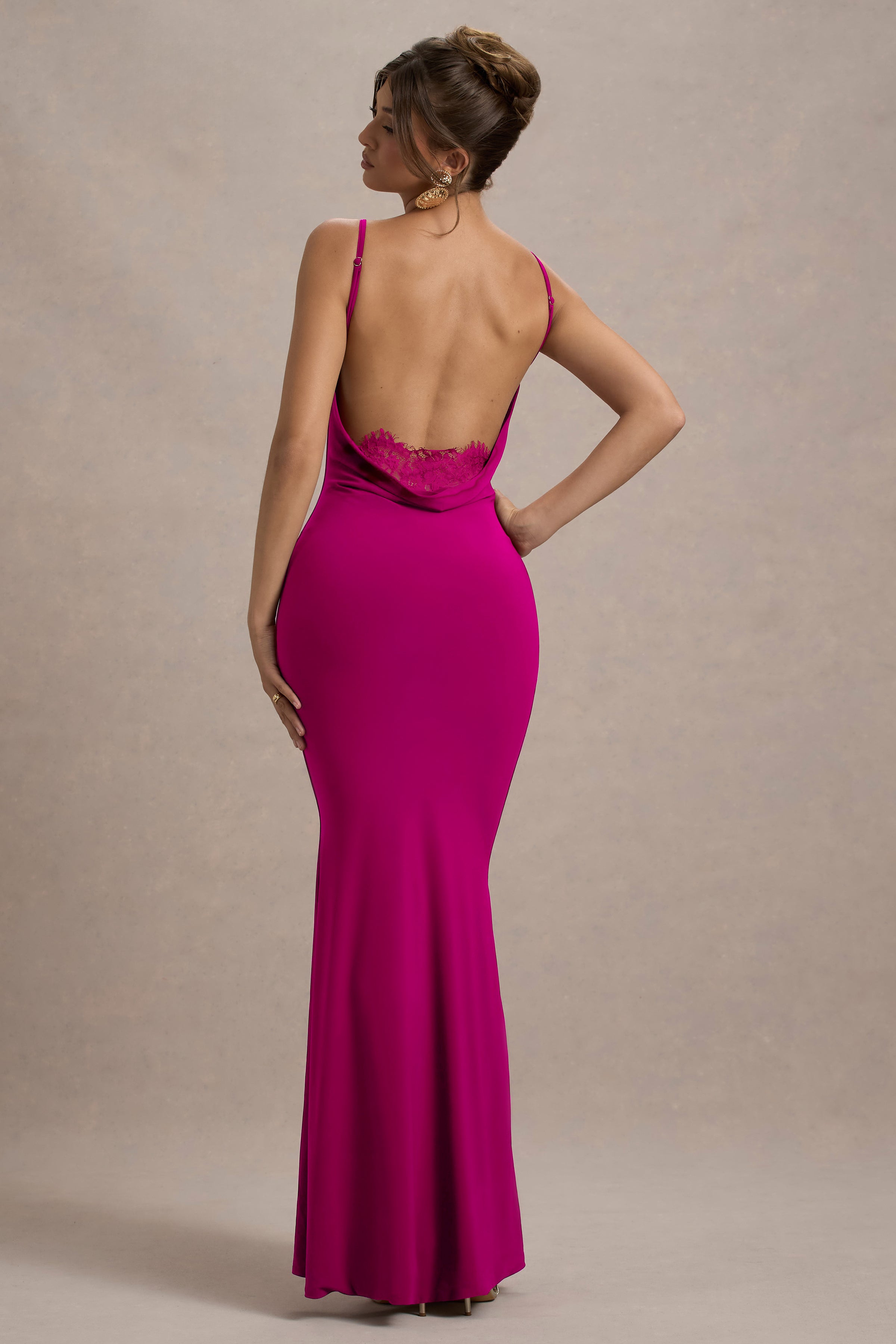 pink backless maxi dress Francoise | DARK Cowl Neck With Lace Insert while the open back size:m/12m satin ball gown Elegant Winter Long Formal