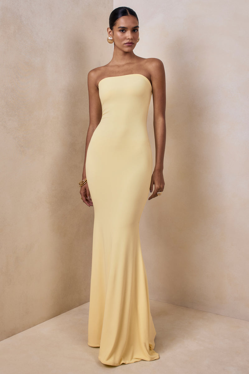 white christmas dresses Idyllic Cream Strapless Corset Style Fishtail Maxi Dress – Club L London main image 1