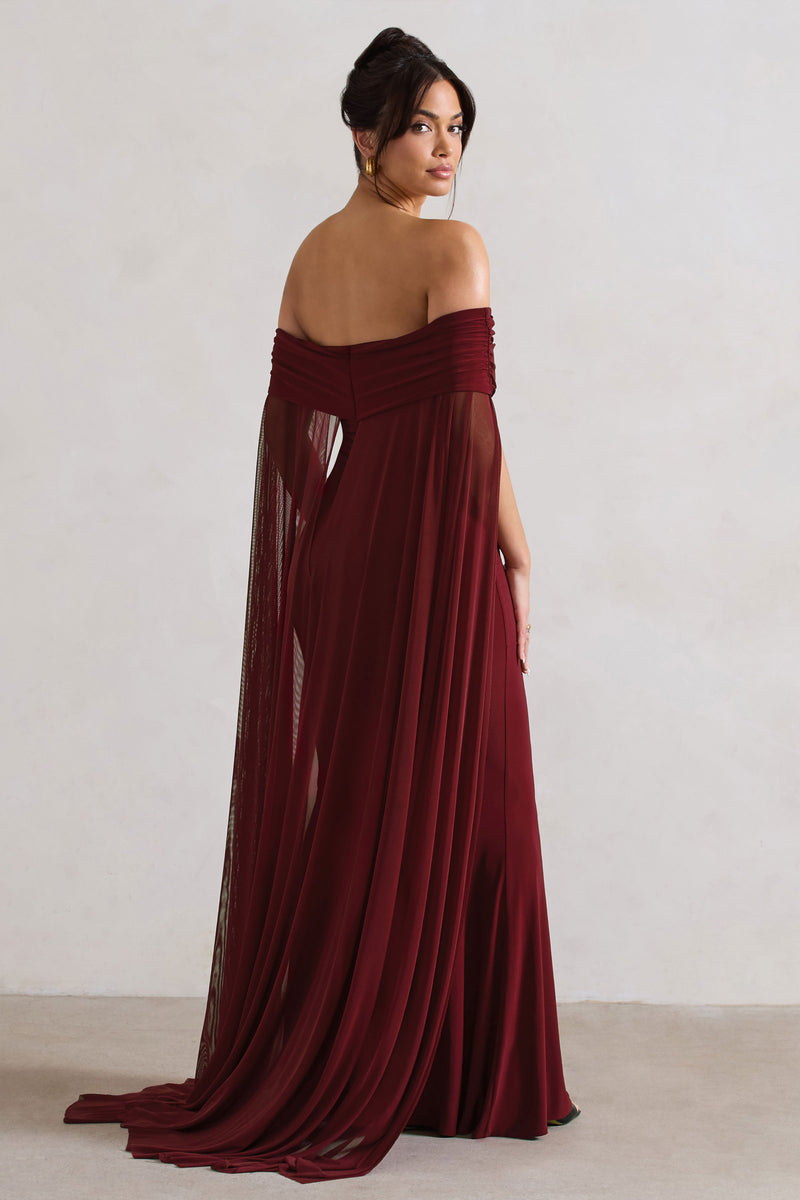 Carlotta | Berry Bardot Maxi Dress with Chiffon Cape