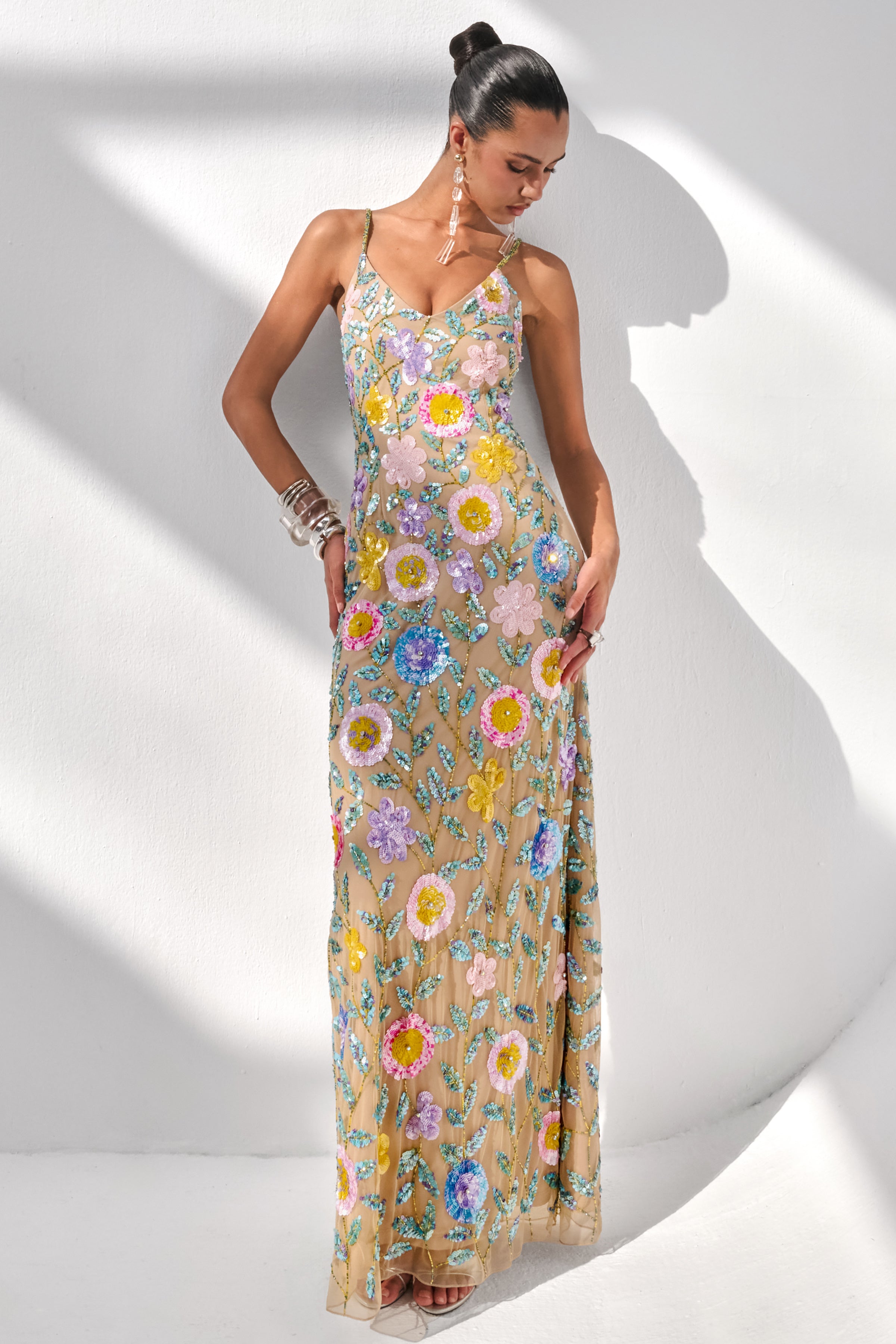 colorful evening dresses Gemini | NUDE Floral Embellished Strappy Maxi Dress Bust Size:46 Raquel By Capsule Bridal laurentryon This prom dress is