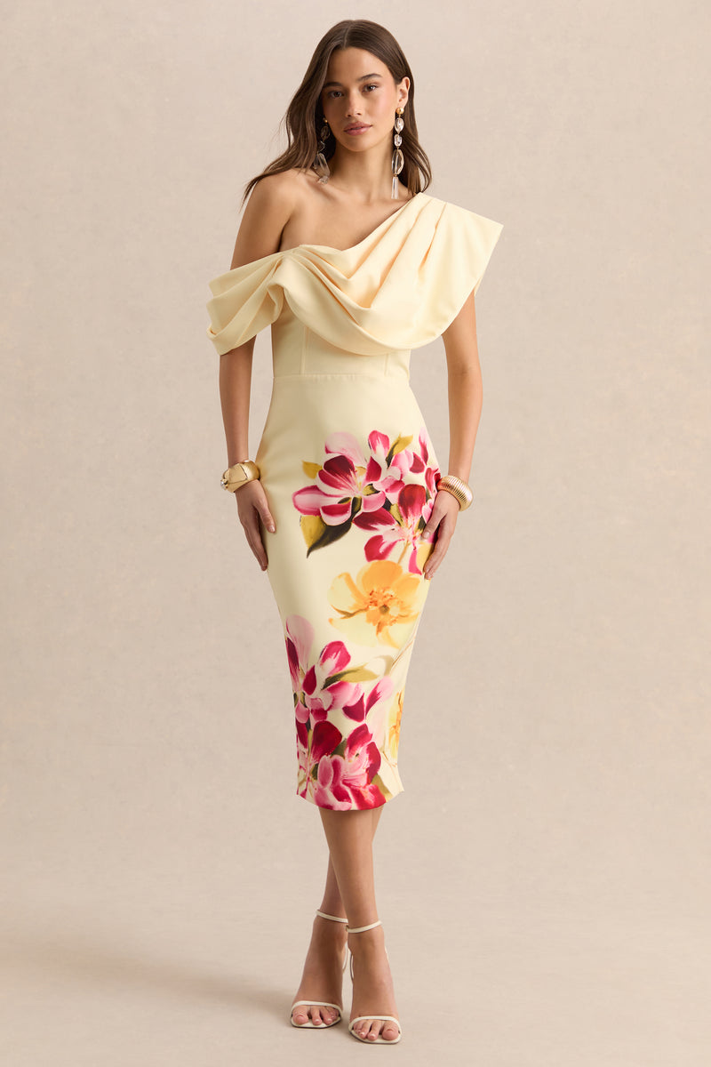 Adrina | Hot PINK & Lemon Floral Print Draped One Shoulder Midi Dress - UK 6 YELLOW AND PINK Adrina | Hot PINK & Lemon Floral Print Draped One Shoulder Midi Dress - UK 6 YELLOW AND PINK