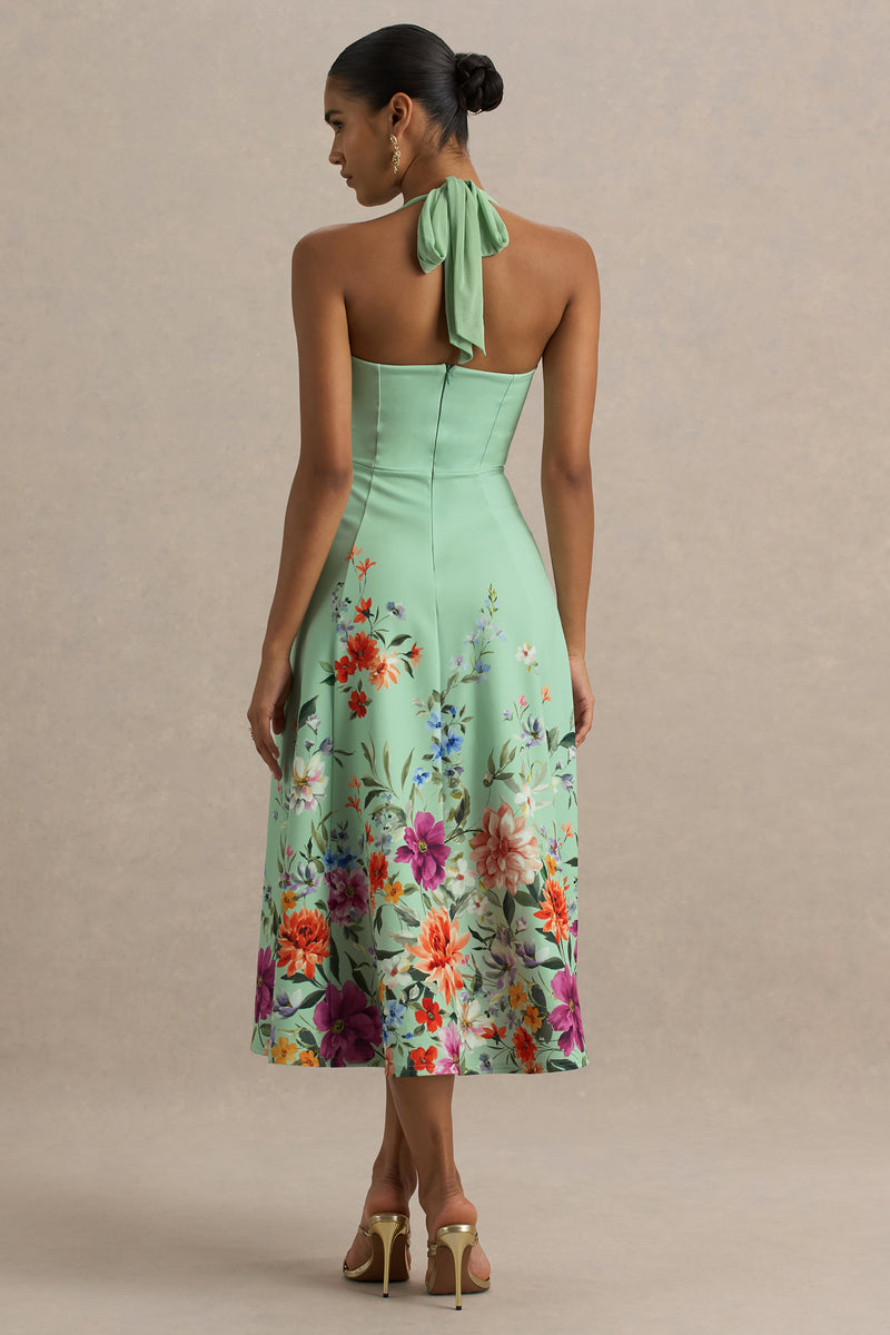 floral mint green dress Auburn | Mint Placement Floral Halter-Neck Midi Dress