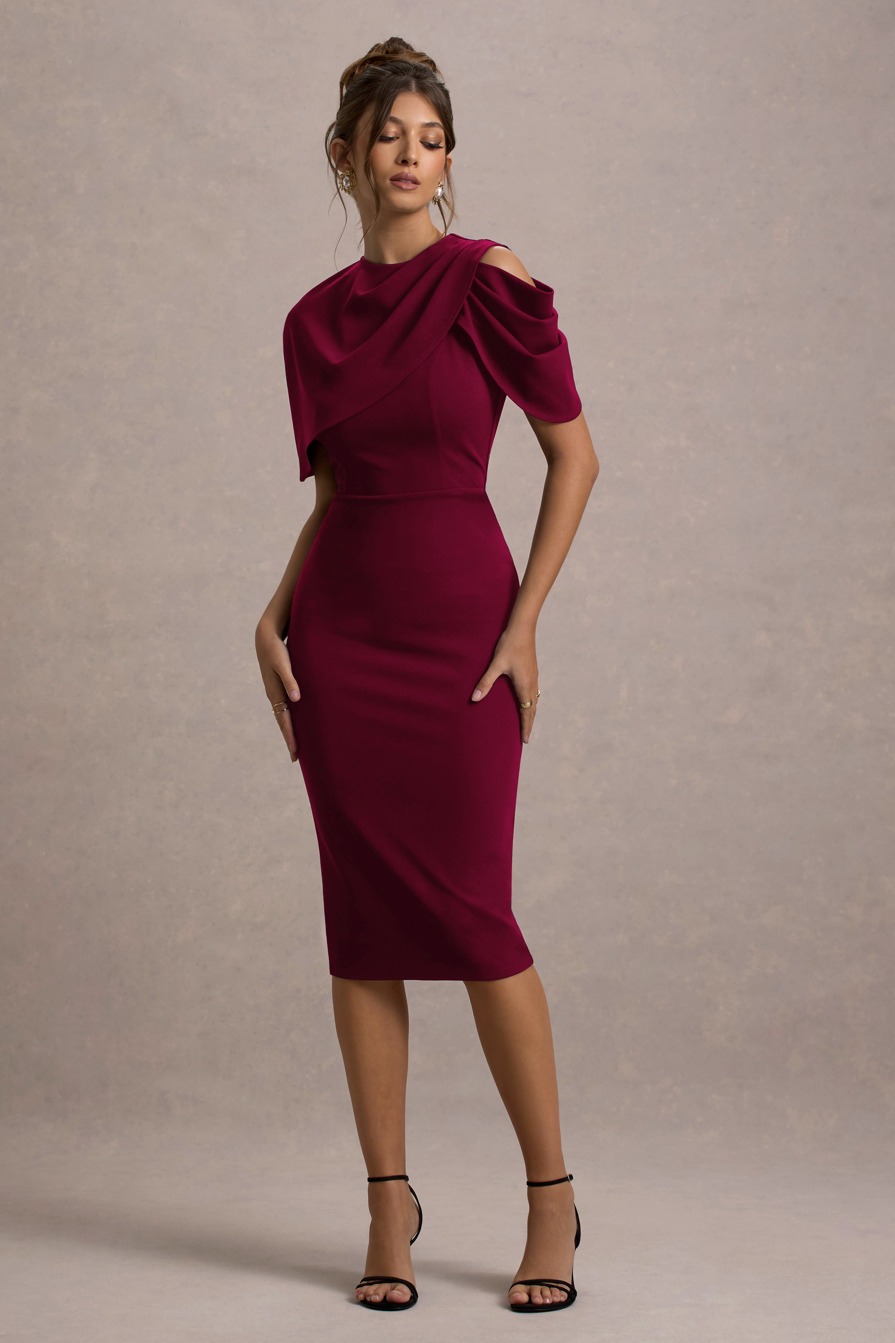 berry dress midi Dorothea | Berry Draped Midi Dress With Cape