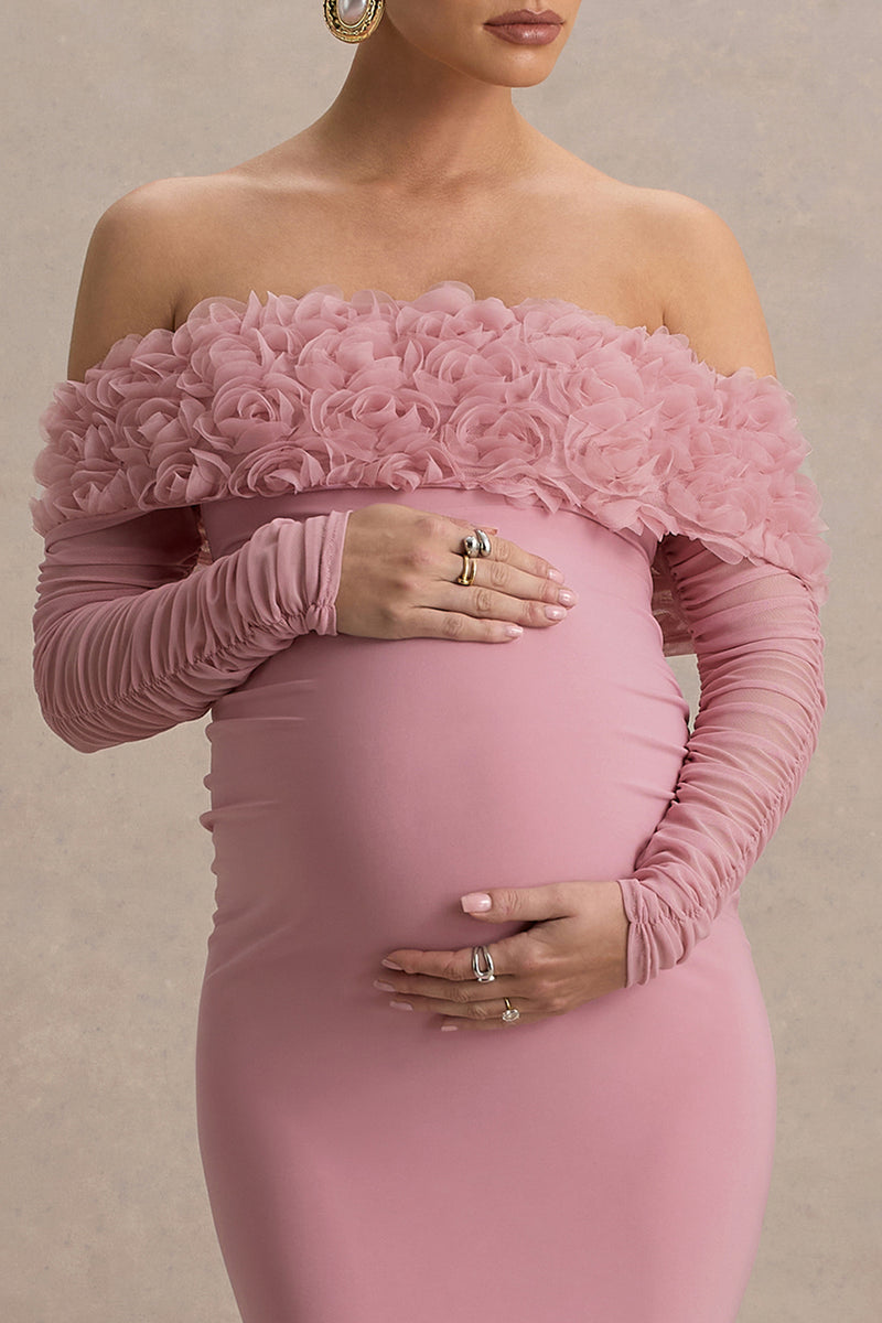 Adita | Blush Pink Mesh Floral Bardot Maternity Midi Dress - UK 10 Blush Pink Adita | Blush Pink Mesh Floral Bardot Maternity Midi Dress - UK 10 Blush Pink