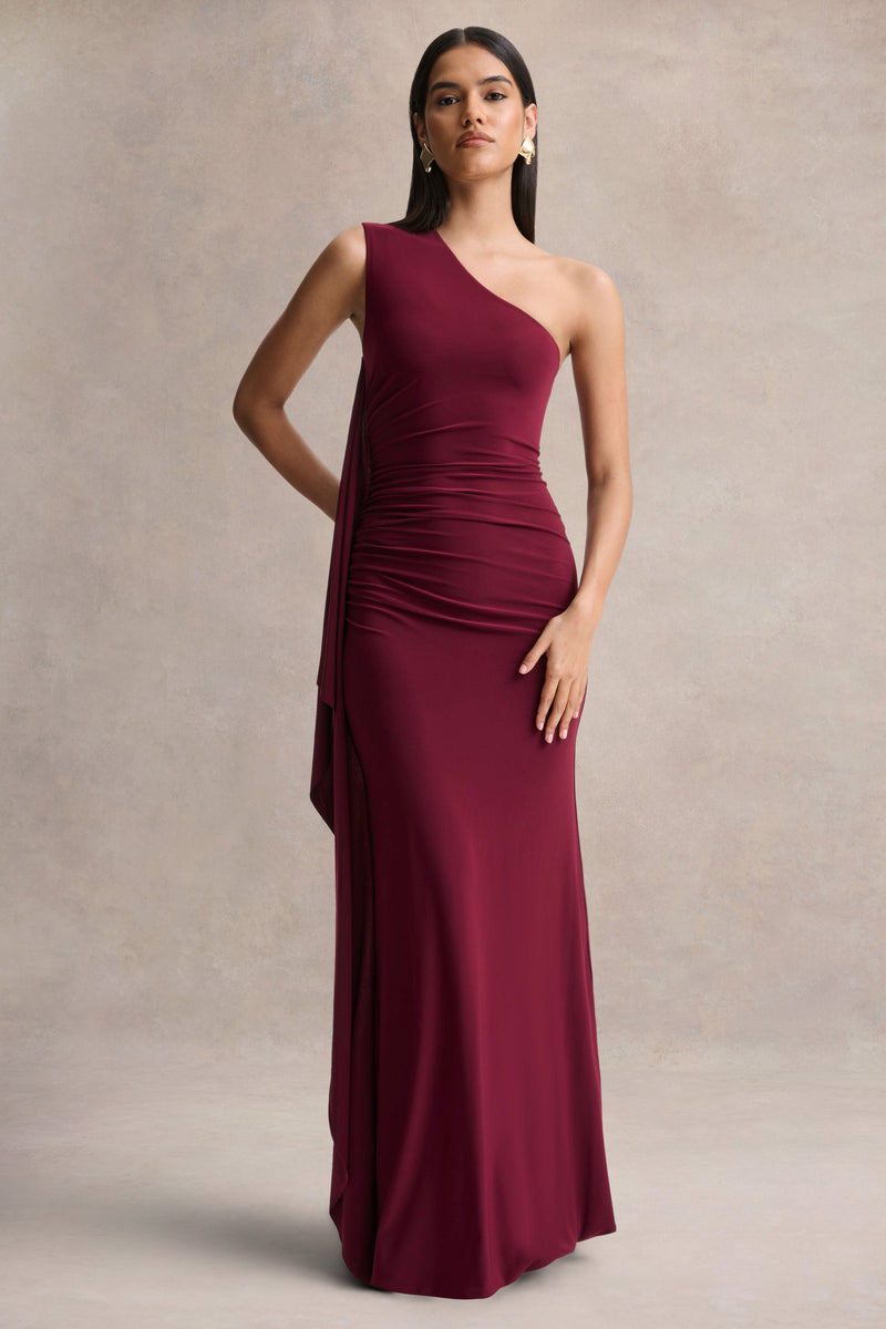 Adelina | Burgundy One-Shoulder Maxi Dress With Drape Adelina | Burgundy One-Shoulder Maxi Dress With Drape