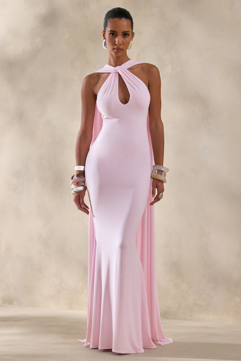 Rhoda | Light PINK Twist Halter-Neck Cape Maxi Dress - UK 6 Light PINK