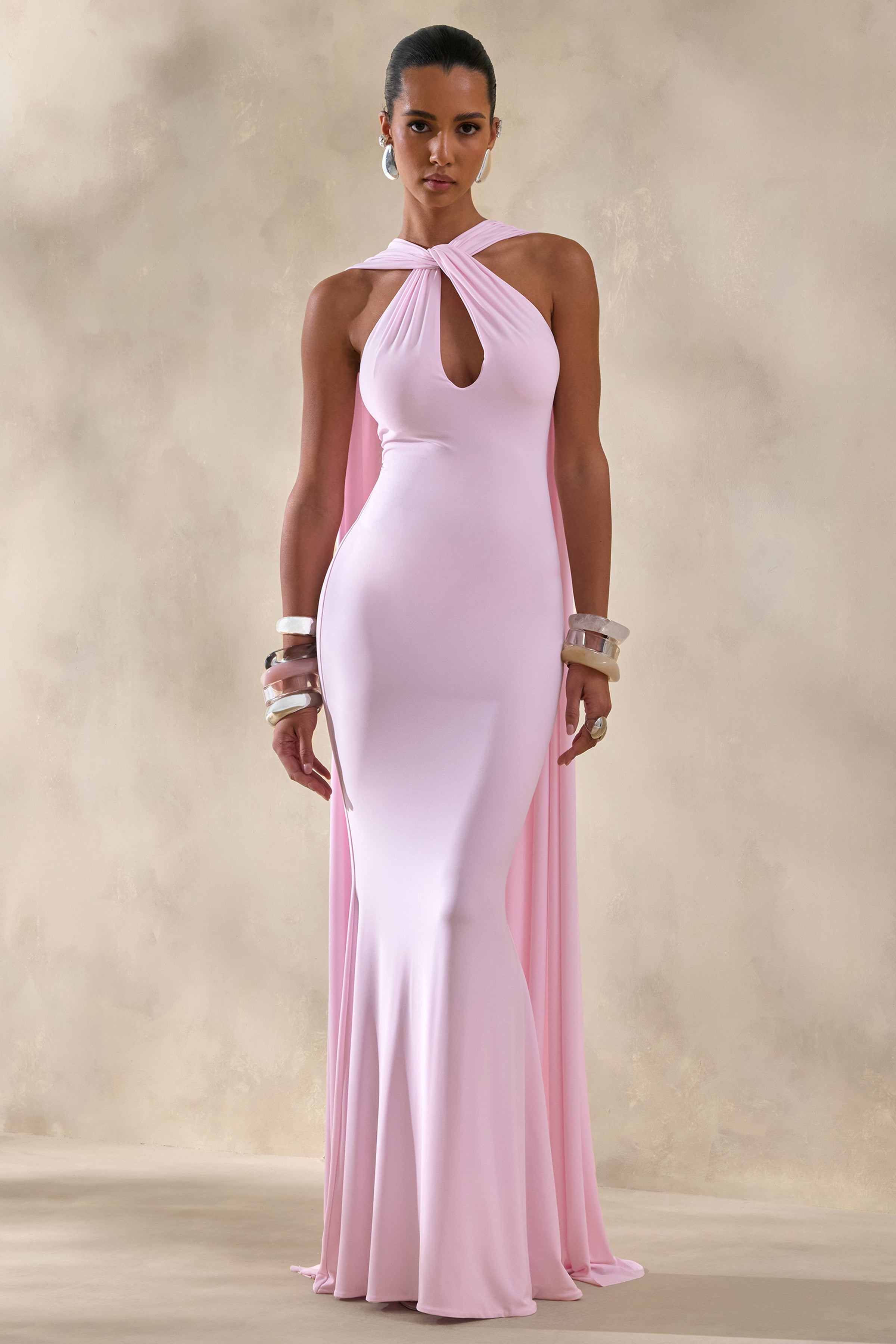 Rhoda | Light PINK Twist Halter-Neck Cape Maxi Dress