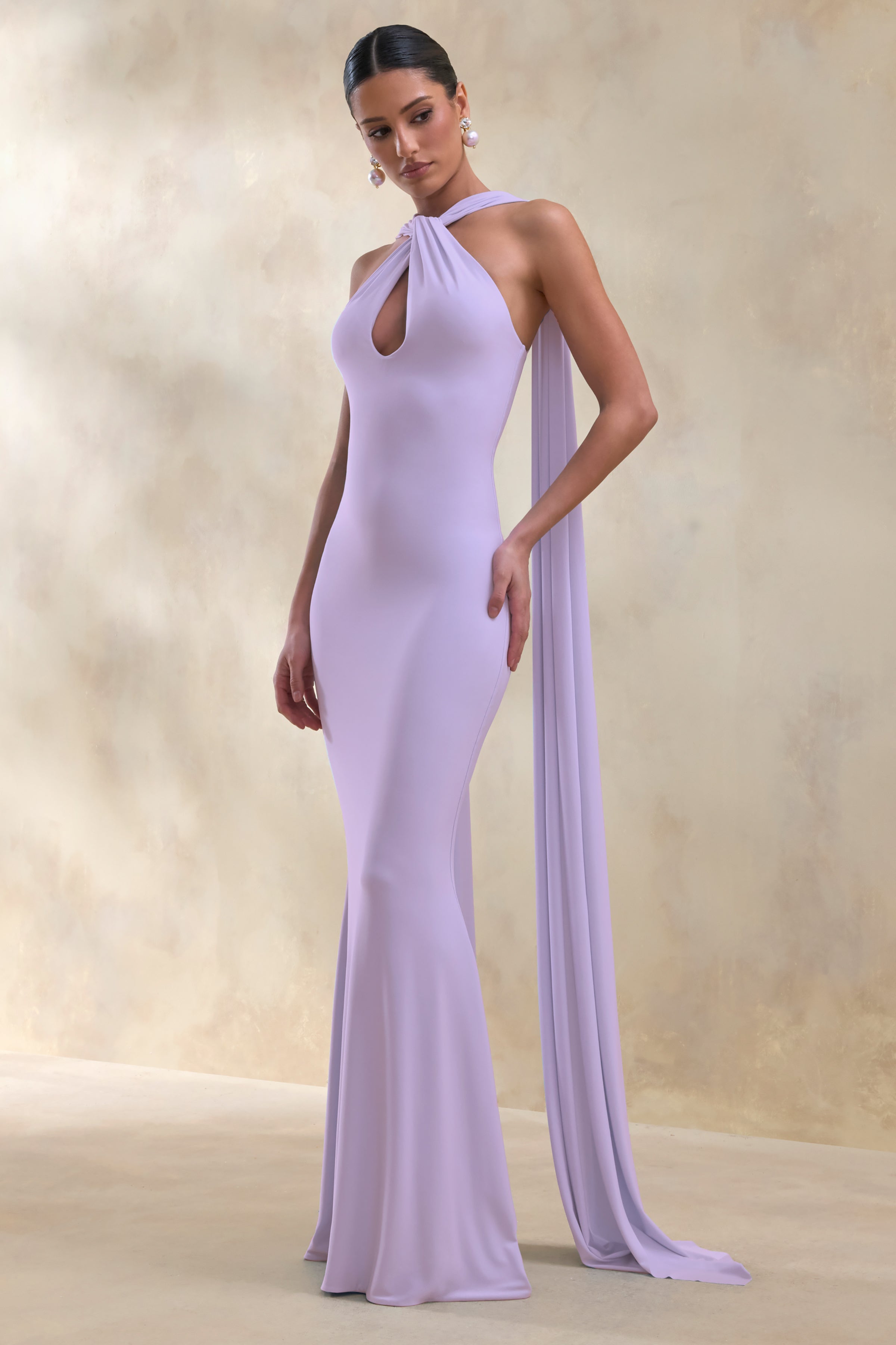 Rhoda | Lilac Twist Halter-Neck Cape Maxi Dress
