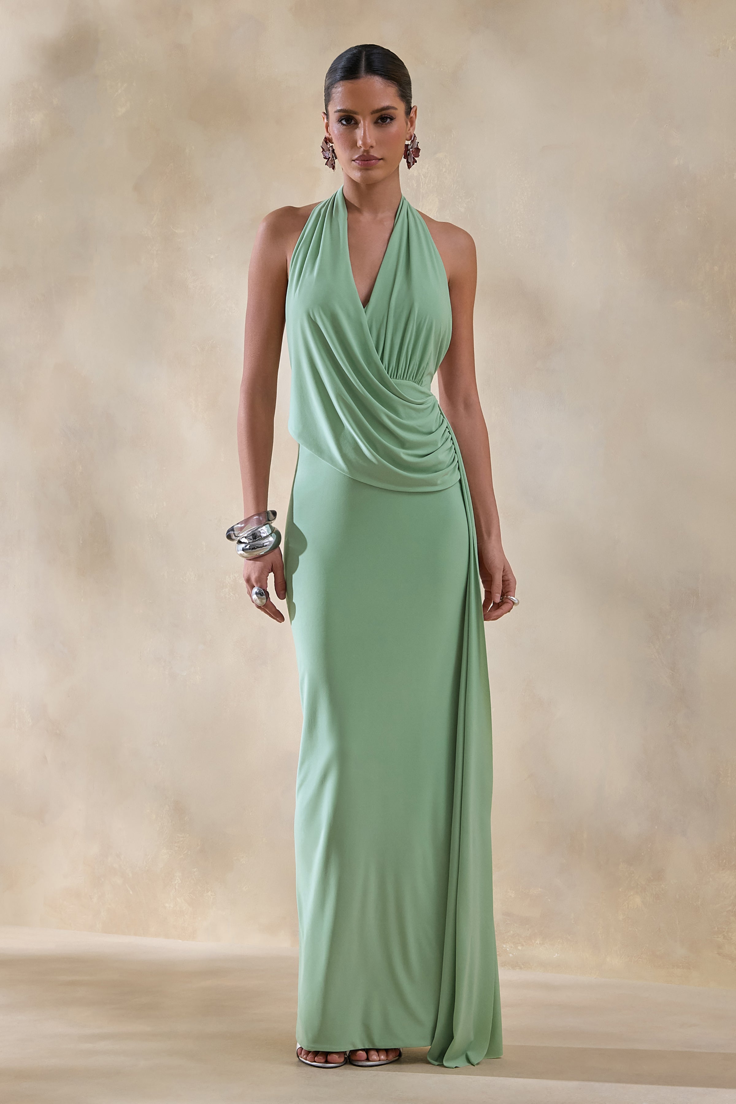 sage green formal maxi dress Rosina | Halter-Neck Draped With Sash ANNIV23 Ruched Back Style Reiss Sage - Neutral Waist:32