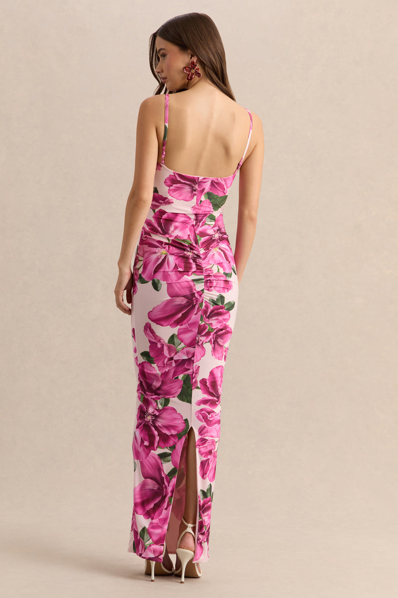 pink floral long dress Luz | PINK Hibiscus Floral Print Strappy Maxi Dress