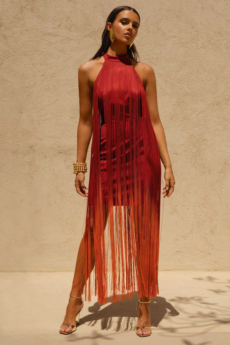 Alessia Orange Ombre Fringe High-Neck Maxi Dress – Club L London