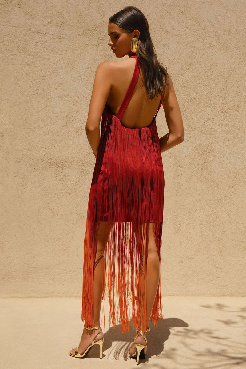 Alessia | Orange Ombre Fringe High-Neck Maxi Dress - UK 6 Ombre