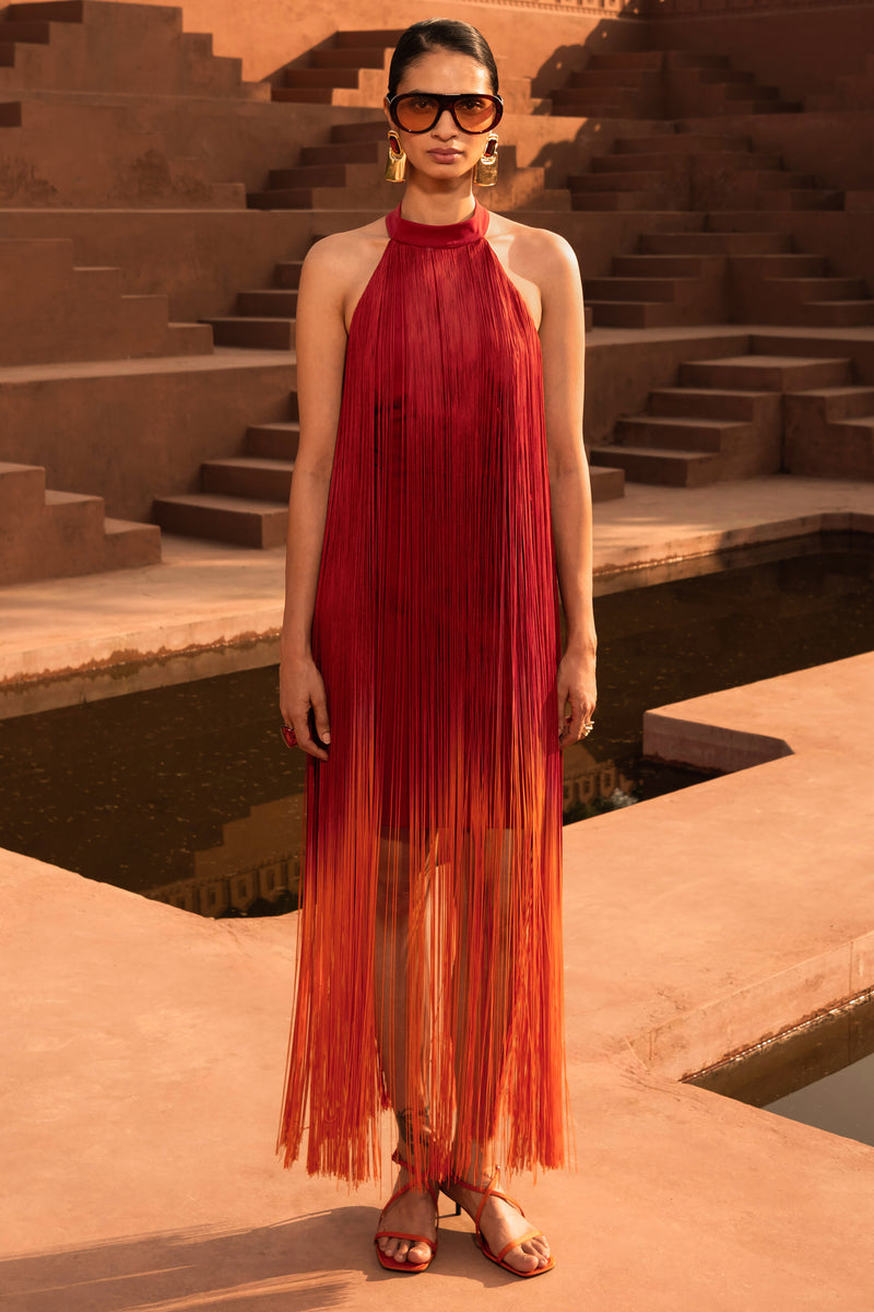 Alessia Orange Ombre Fringe High-Neck Maxi Dress Club L London - USA Alessia Orange Ombre Fringe High-Neck Maxi Dress Club L London - USA