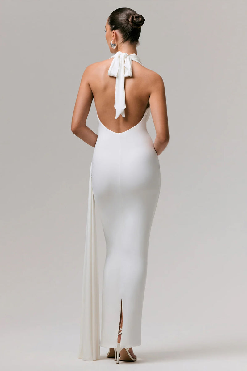 white plunge dress Maude | White Plunge-Neck Ruched Maxi Dress With Sash