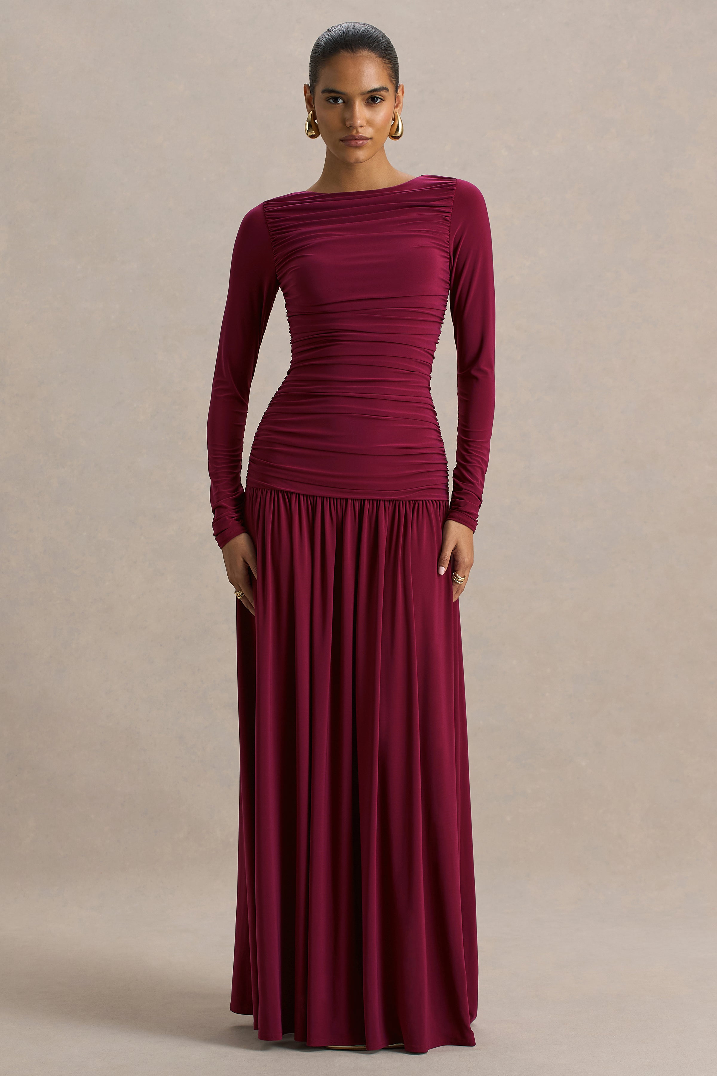 ruched maroon dress Aniyah | Burgundy Slashed-Neck Maxi Dress With Ruched Detailing