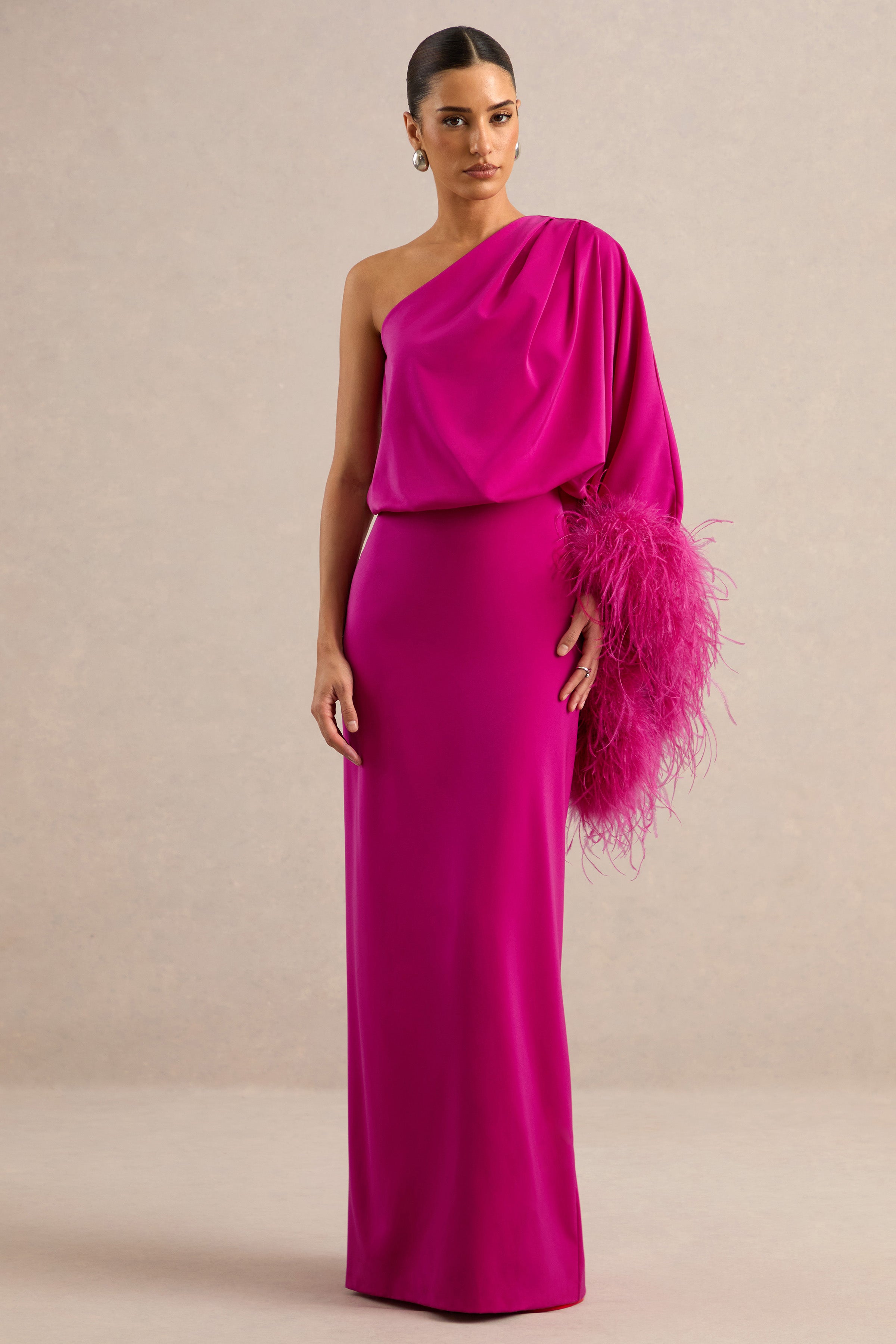 Felicity | Hot Pink Satin Asymmetric-Neck Maxi Dress With Feather Deta – Club L London