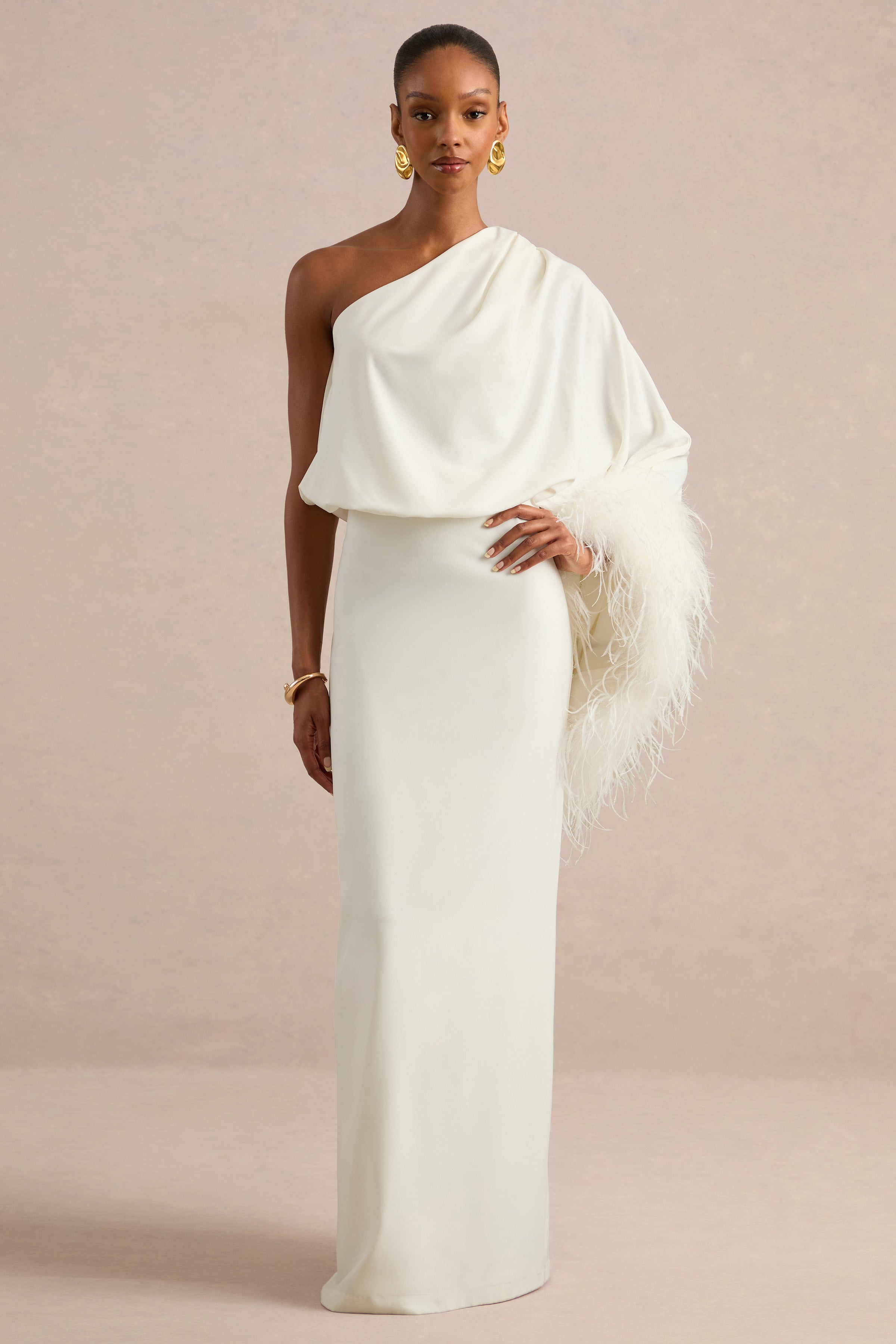 satin asymmetric dress Felicity | White Asymmetric-Neck Maxi With Feather Detailing Brown satin RENT/BUY:BUY Model:Briege Mare Mare Sleek Backless Lined / good stretch