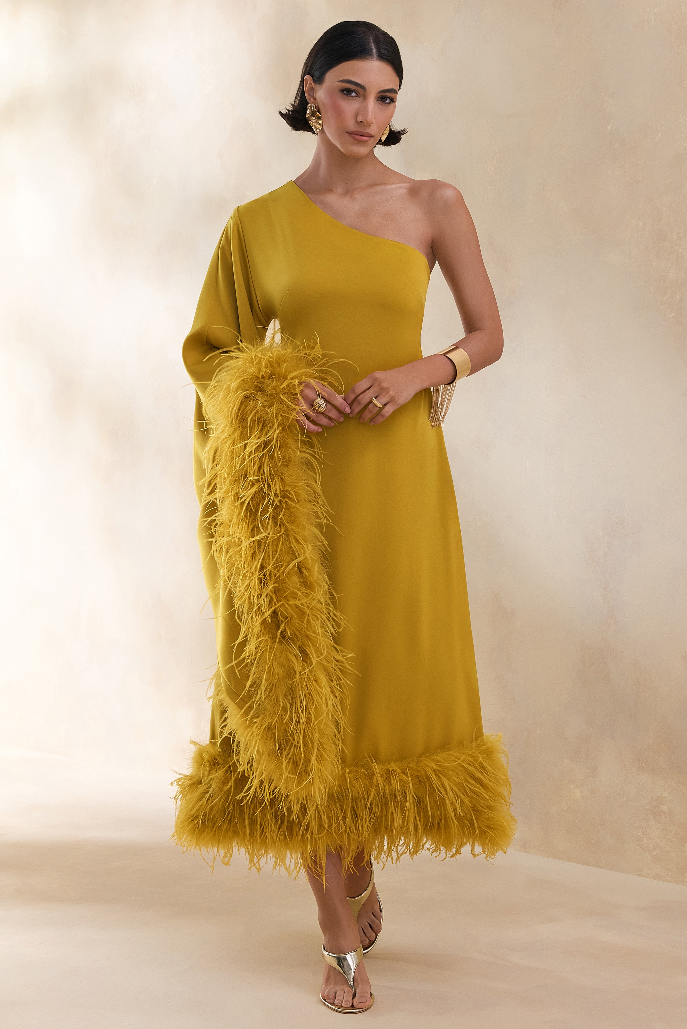 Destiny | Yellow Satin Asymmetric-Neck Midi Dress With Feather Details