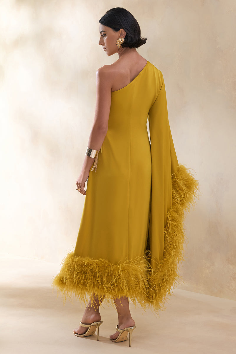 Destiny | Yellow Satin Asymmetric-Neck Midi Dress with Feather Details