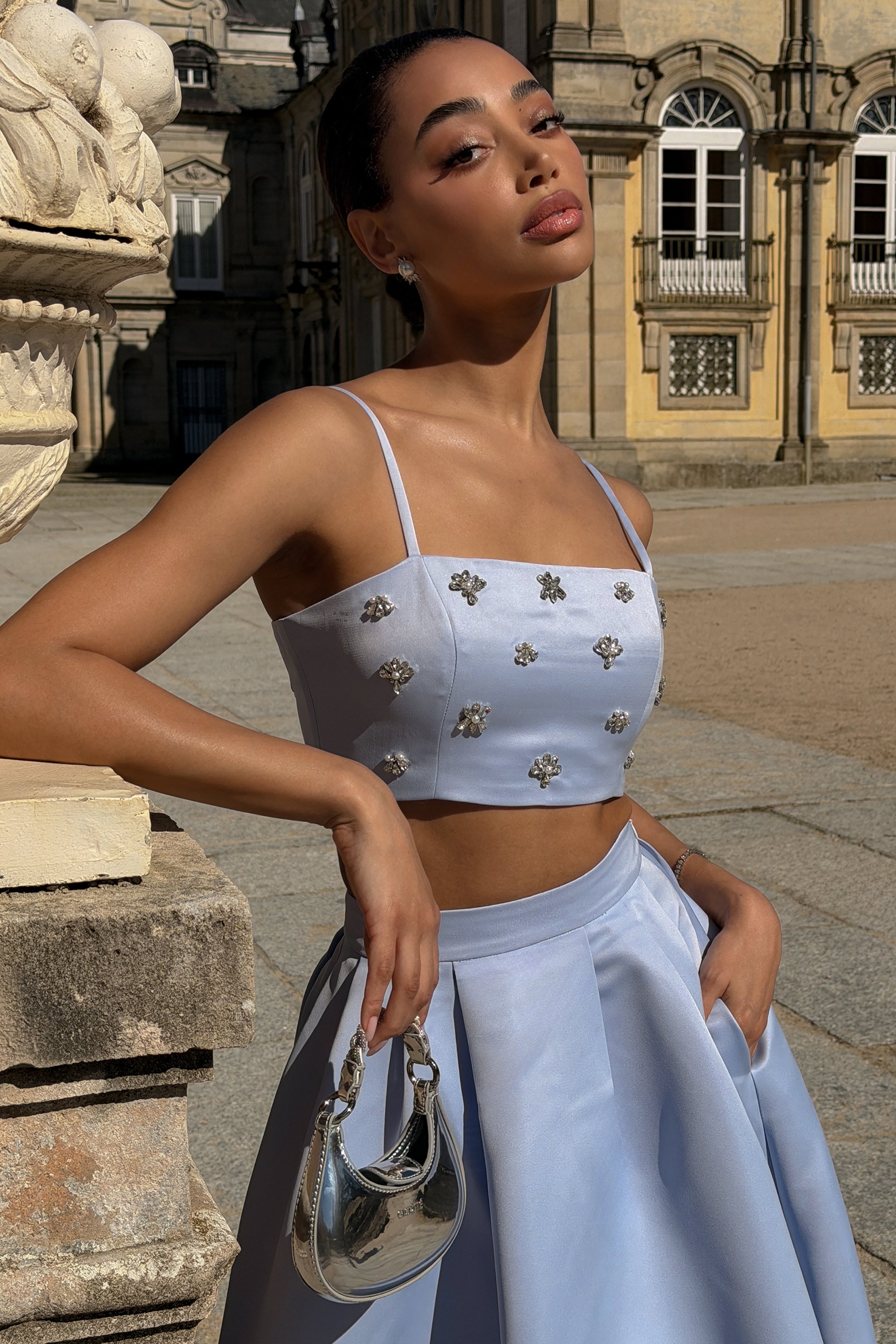 blue crop top dress Vienna | Embellished Satin and warm