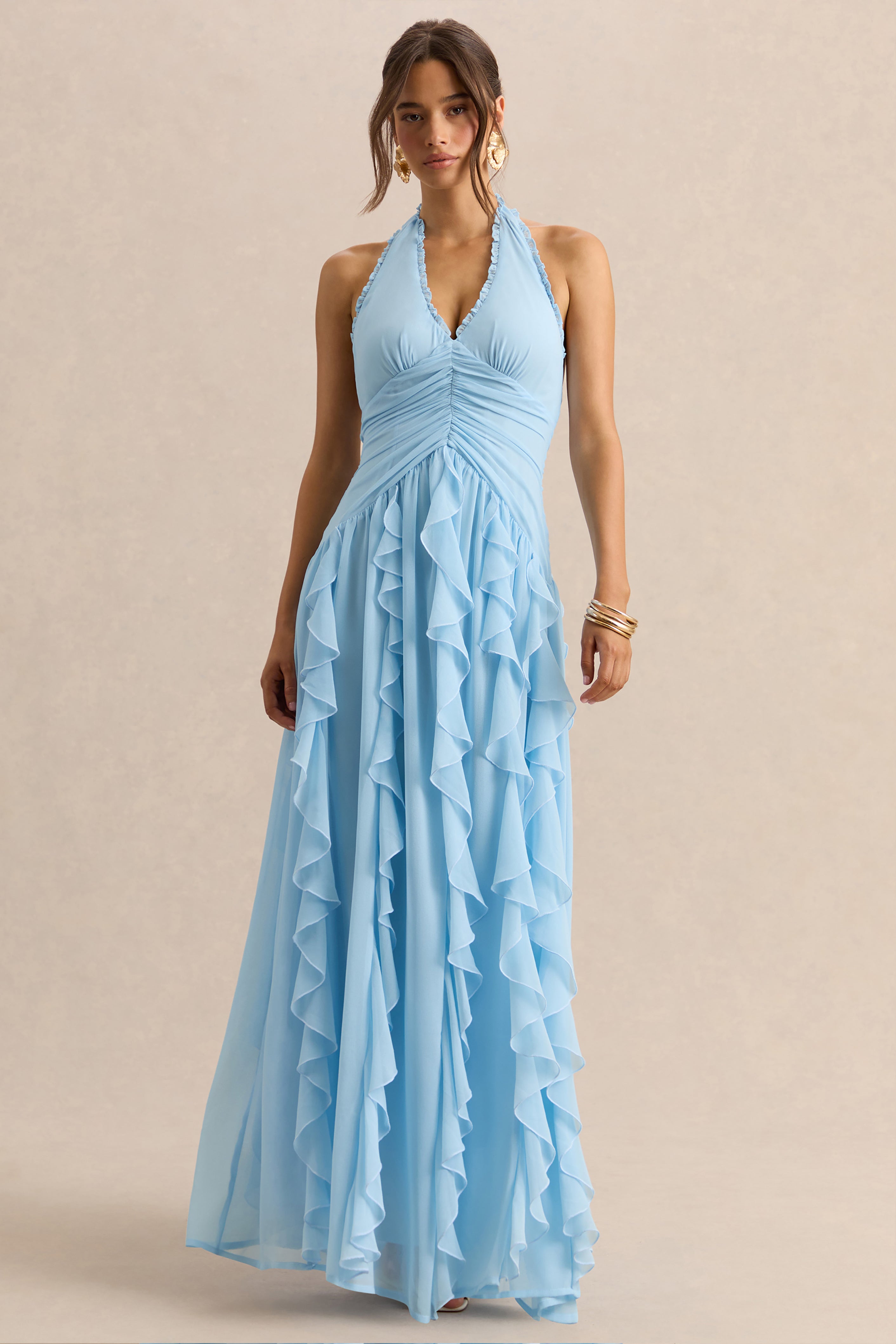 acler suffield ruffled lace maxi dress Bea | Powder BLUE Plunge-Neck Size Chart LD1154 Colour:Black/Red Western Black Tie Attire
