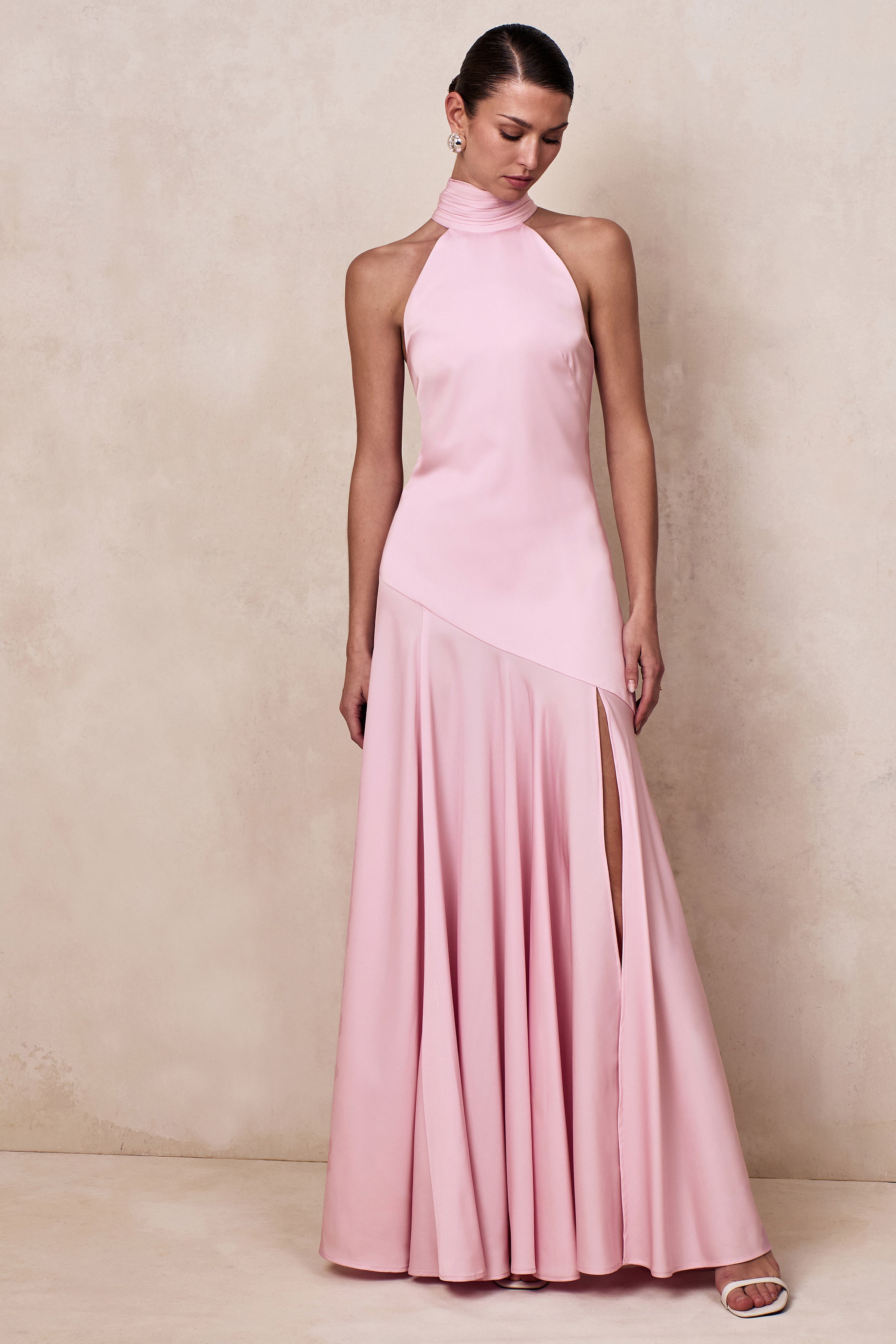 Luscious | Light PINK High-Neck Maxi Dress With Drop-Waist And Bow Detail