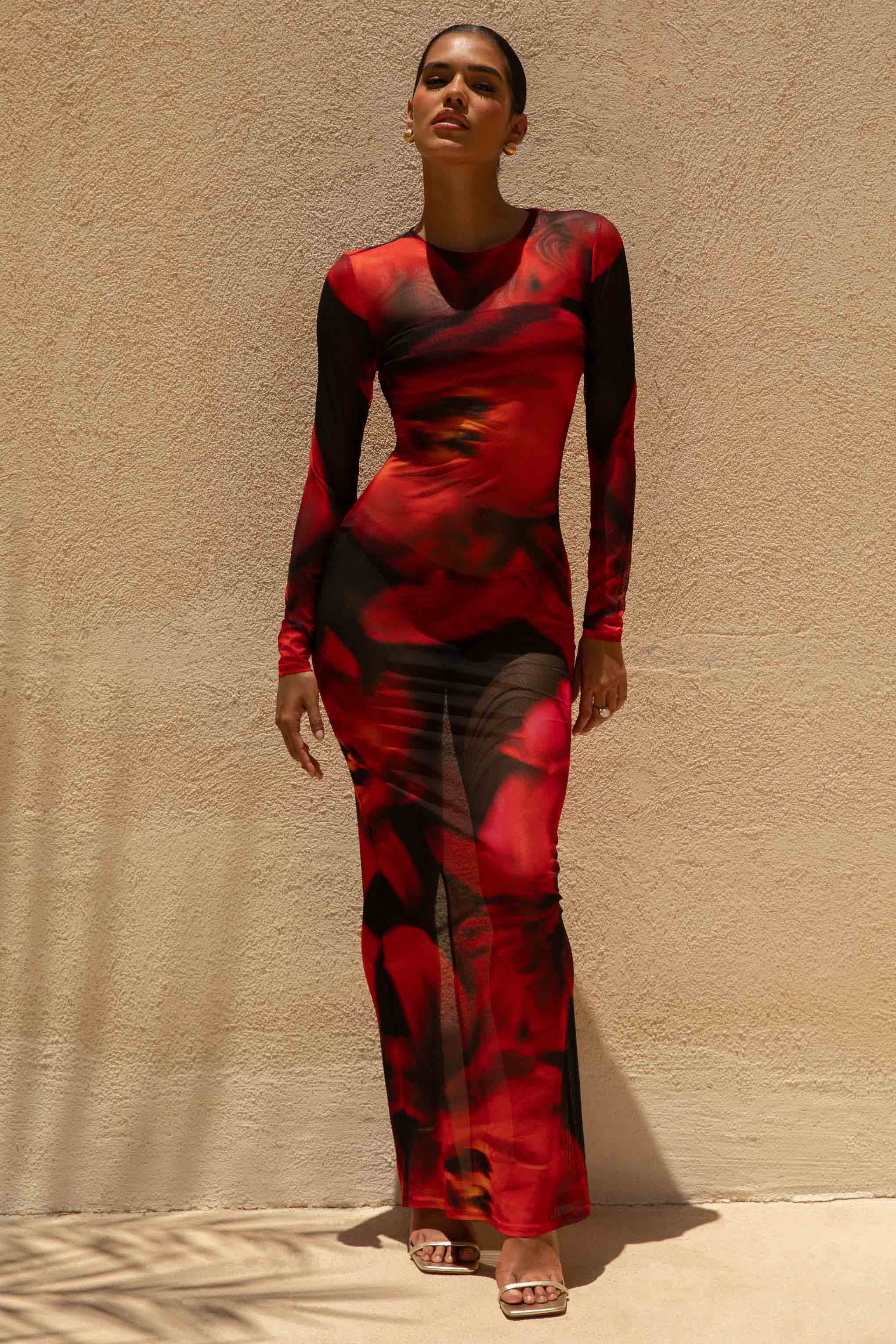 long black and red dress Marcy | Floral Print High-Neck Maxi contrast and visually stunning