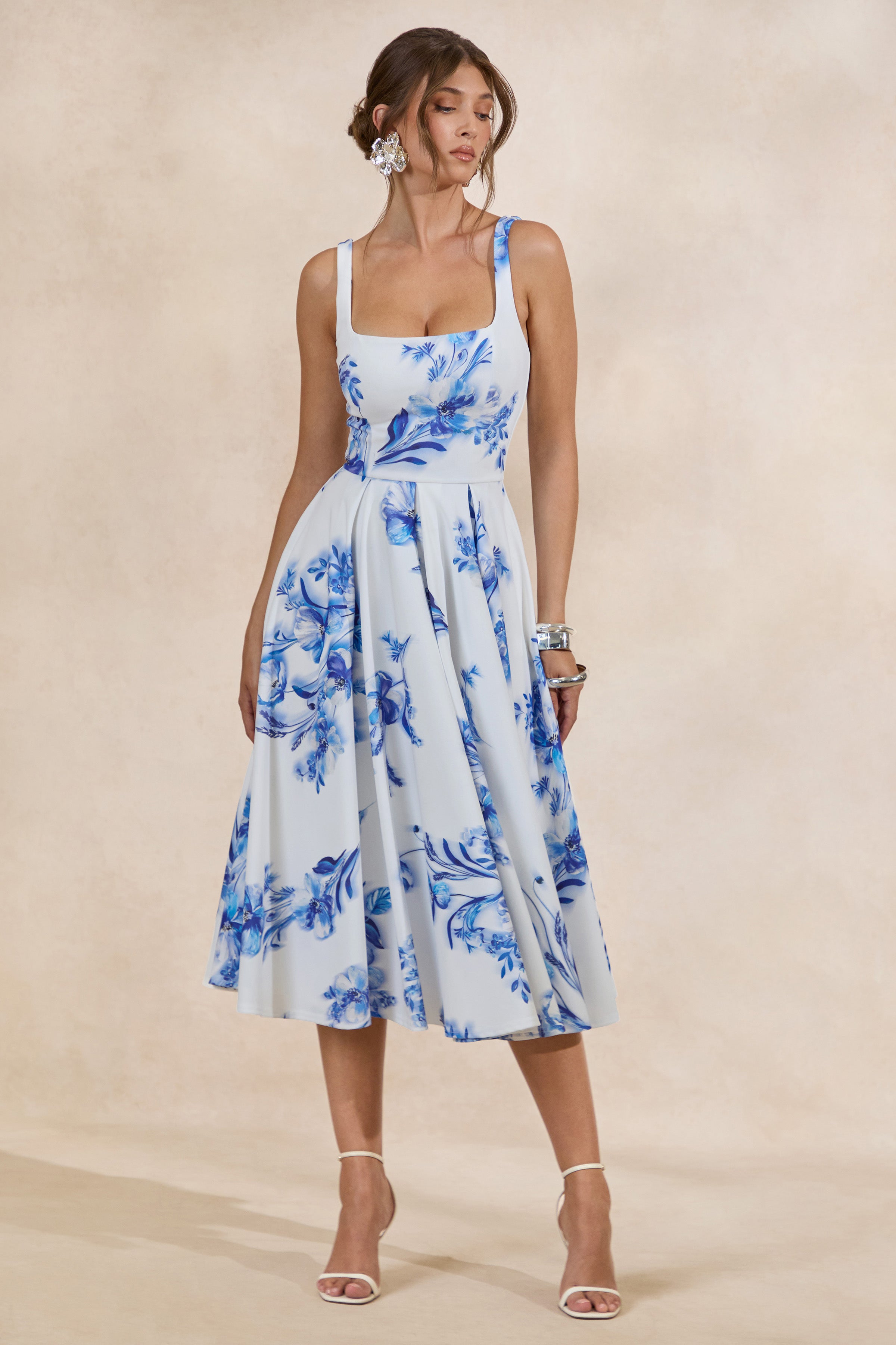Lissa | BLUE Floral Print Square-Neck Midi Dress
