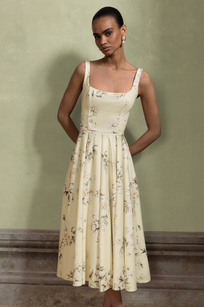 Lissa | Lemon Floral Bouquet Print Square-Neck Midi Dress - UK 12 Lemon Floral Bouquet Print Lissa | Lemon Floral Bouquet Print Square-Neck Midi Dress - UK 12 Lemon Floral Bouquet Print