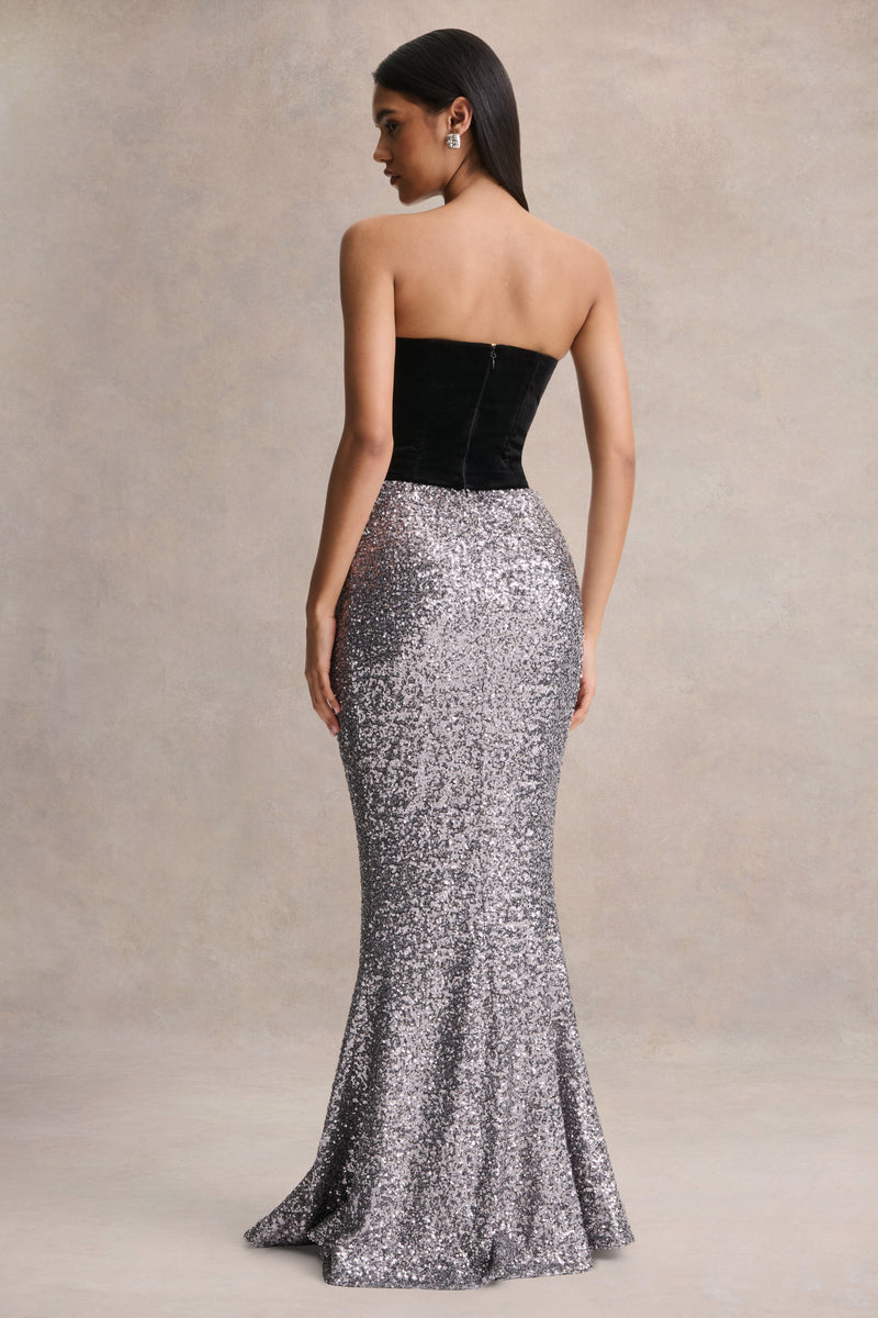 silver velvet maxi dress Silver Sequined Maxi Dress With Black Velvet Bow RAISA VANESSA INT