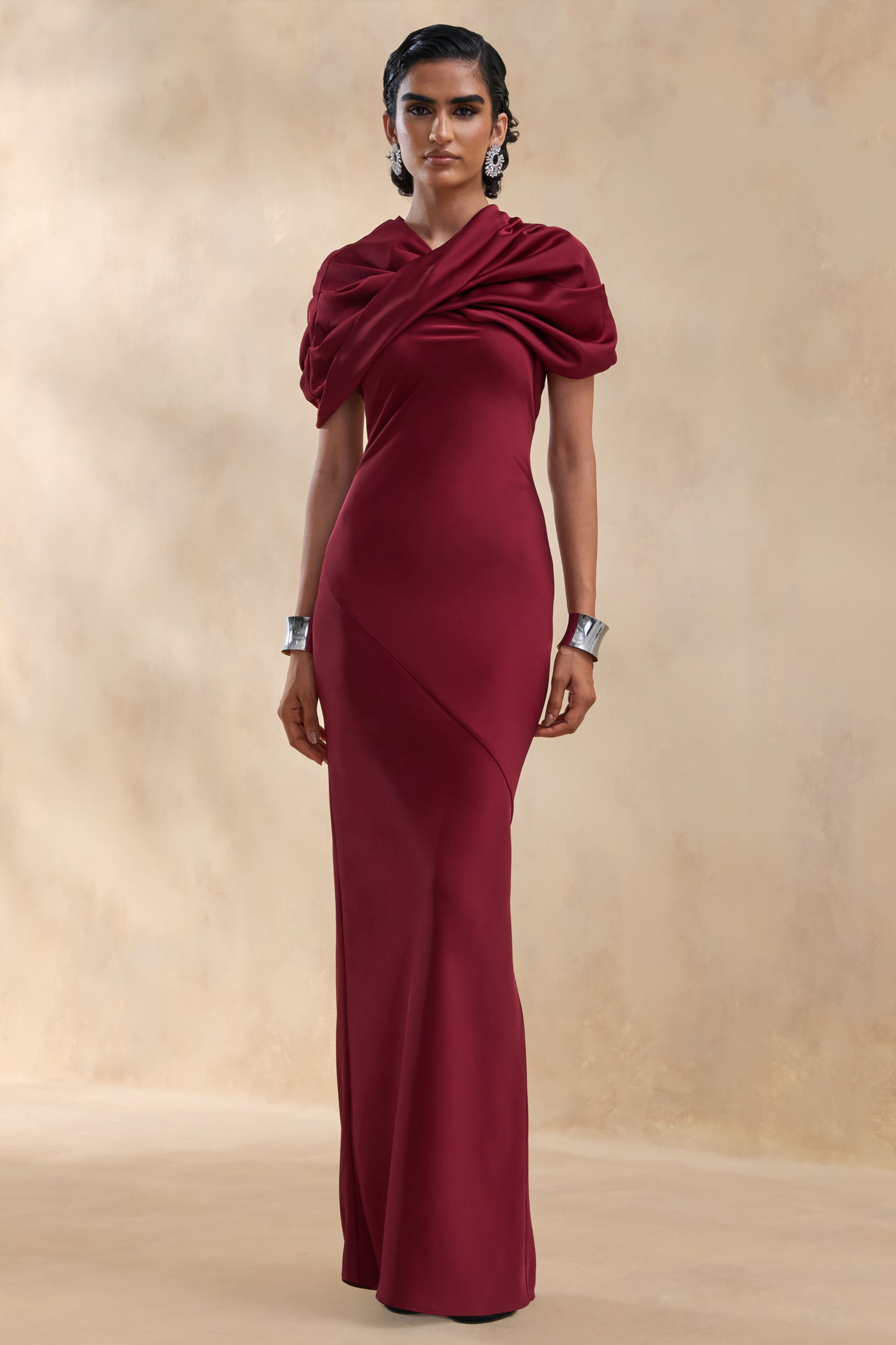 Yoli | Burgundy Satin Maxi Dress With Removable Twist-Cape