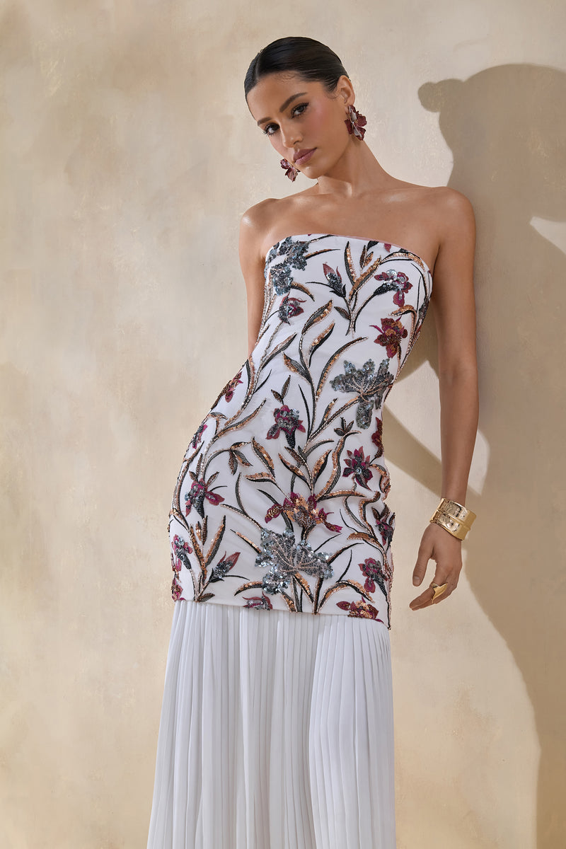 Denise Cream Sequin Floral Bandeau-Neck Embellished Maxi Dress With – Club  L London