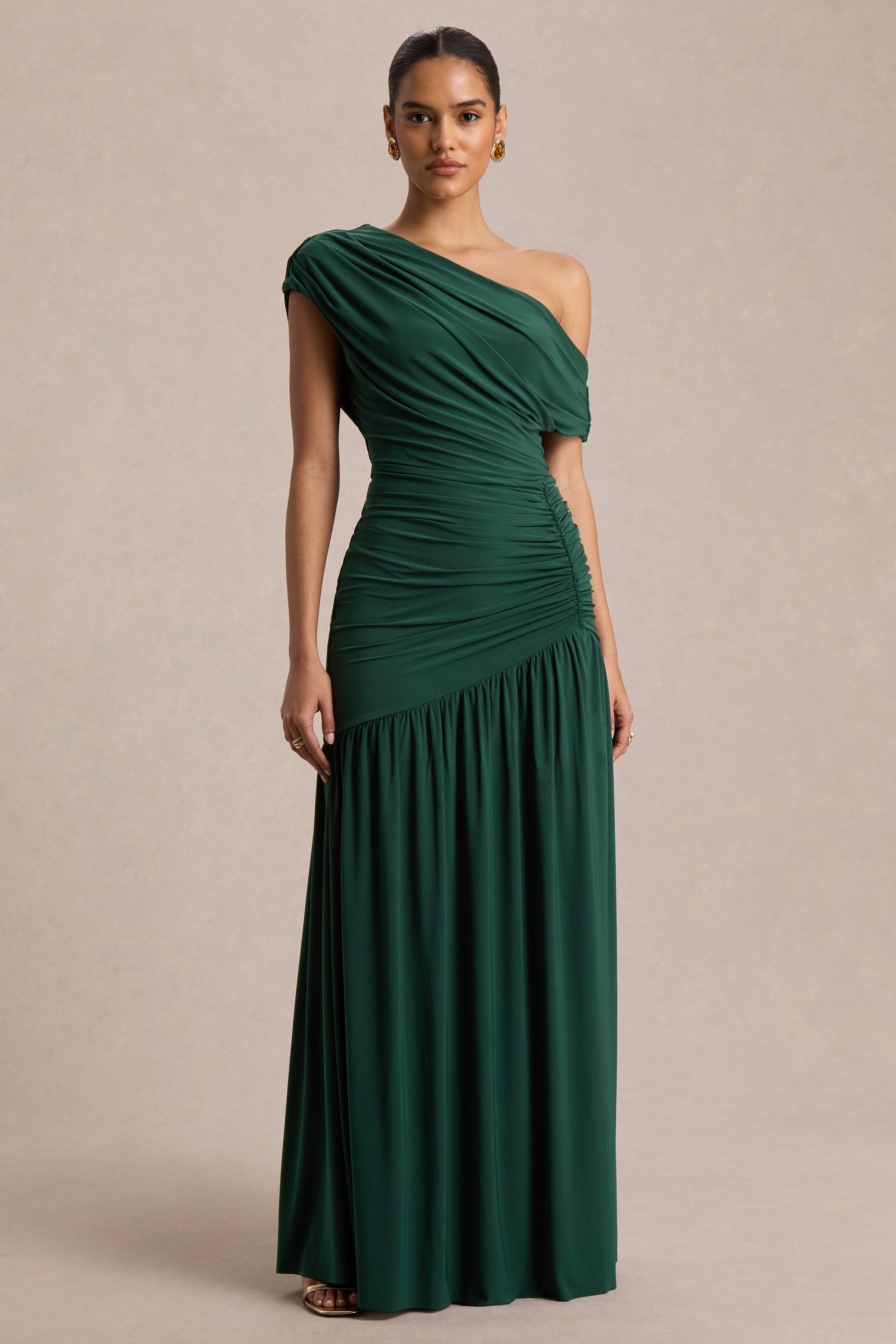 dark green asymmetrical dress Kady | Asymmetric-Neck Maxi With Ruched Detailing Multi tiered 95% Polyester Color:Royal Skater Dress vs A-line