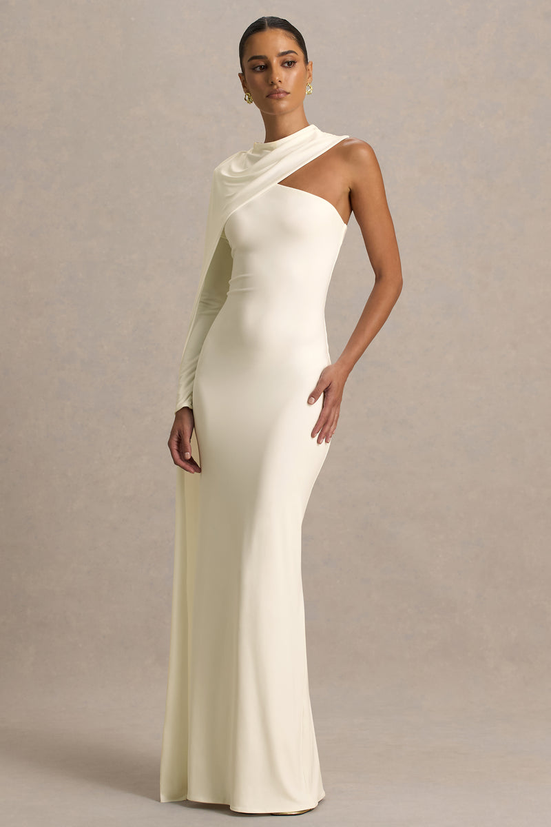 open lace back dress Dawn | Cream High-Neck Maxi Dress with One Long Cape-Sleeve