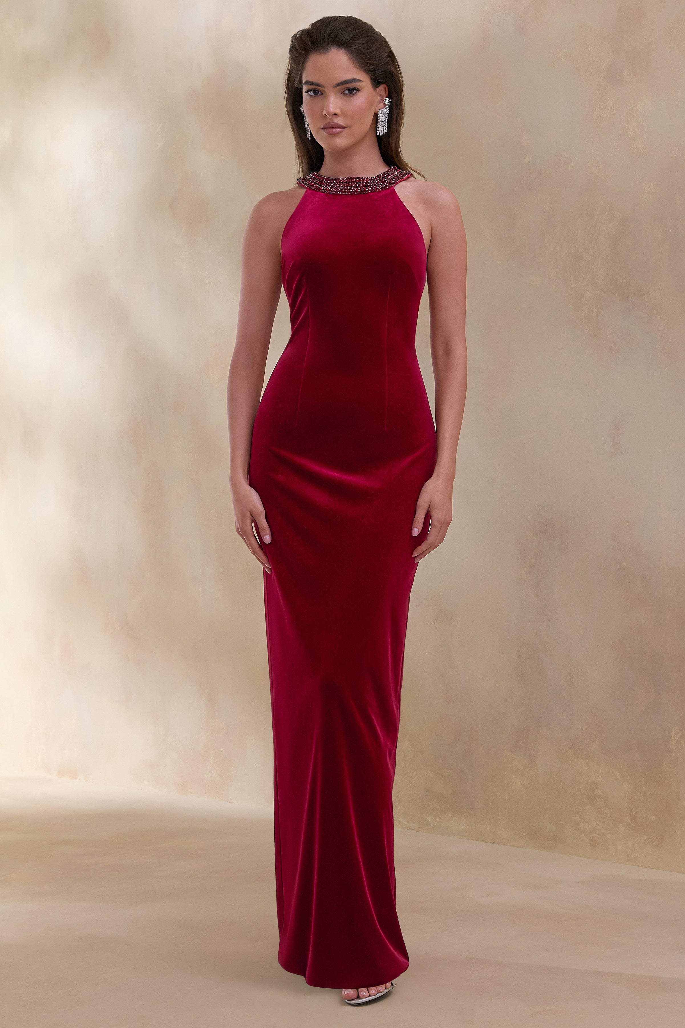 crushin it burgundy velvet maxi dress Darya | Embellished High-Neck Size:L(12-14)