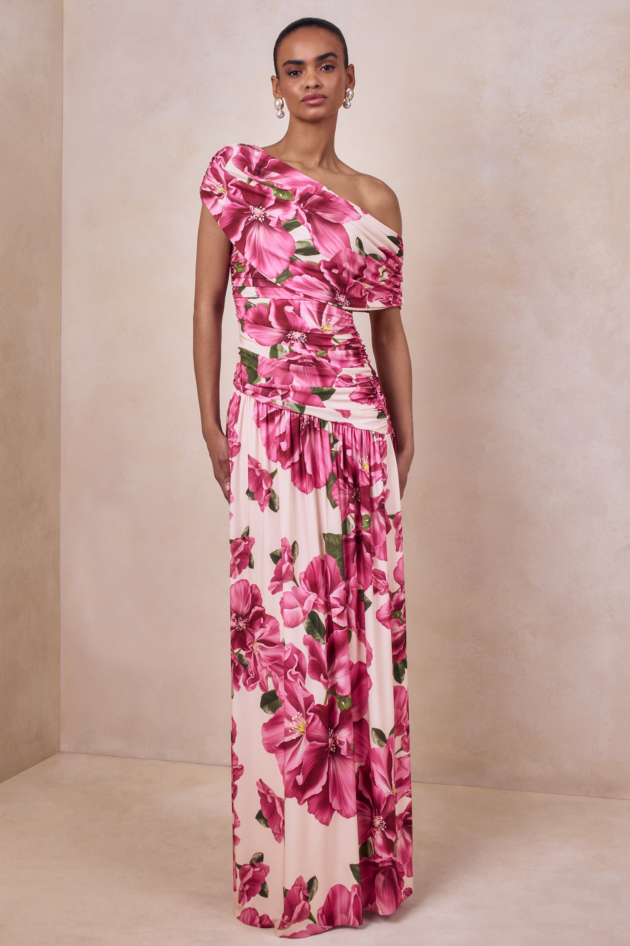 hibiscus dress Emberly | Pink Floral Print Asymmetric Neck Maxi With D – Club L London Swimsuit Angelique Velvet Maxi Dress Material:Jaipur Cotton Handcrafted in Bali.
