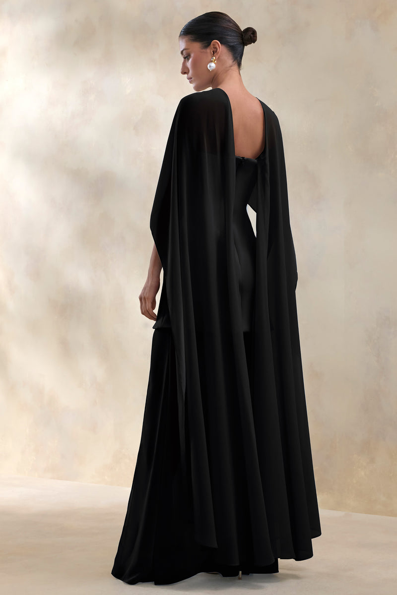 Chessa | Black Slashed-Neck Maxi Dress With Sheer Cape - UK 12 Black