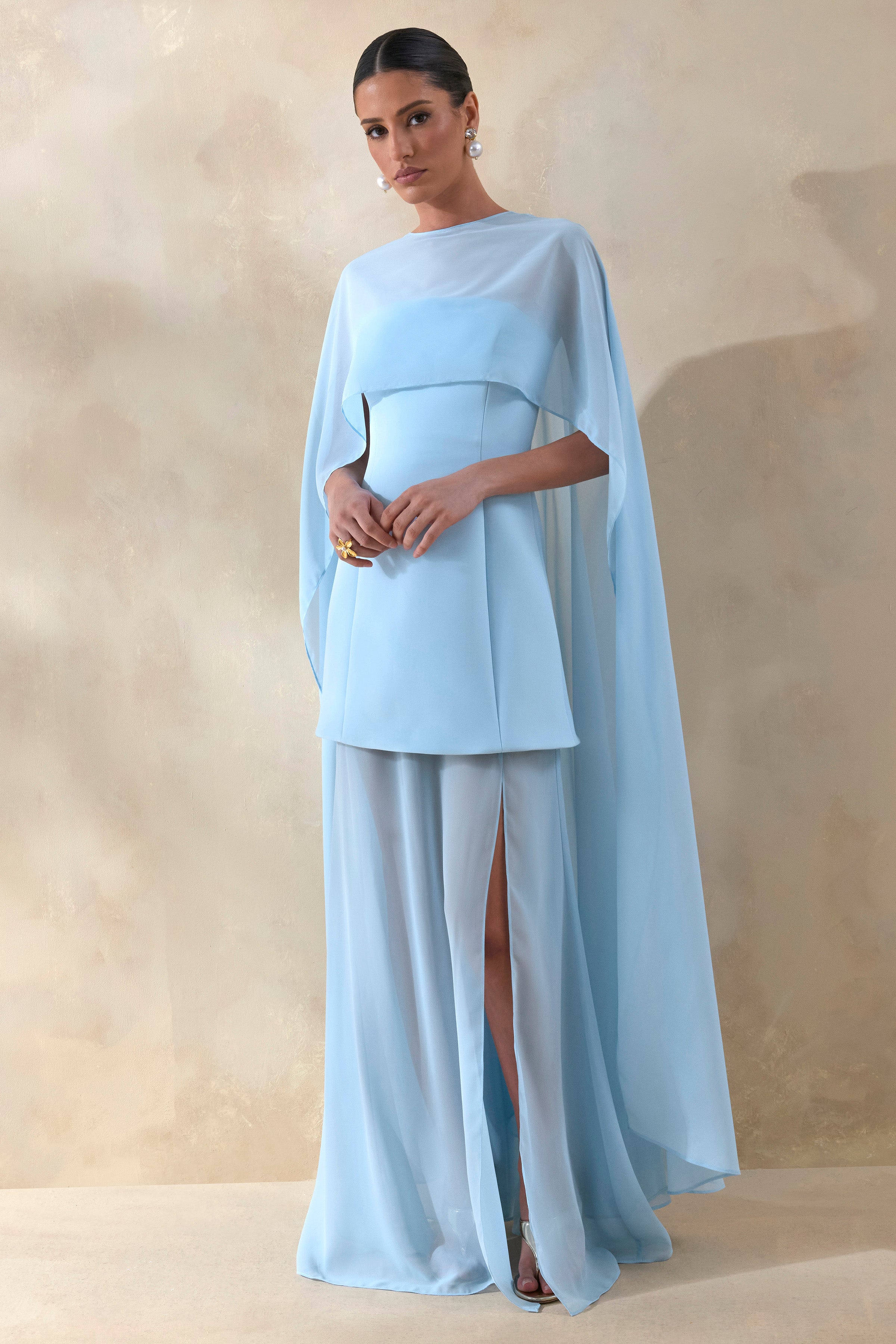 Chessa | Powder Blue Boat-Neck Maxi Dress With Sheer Cape – Club L