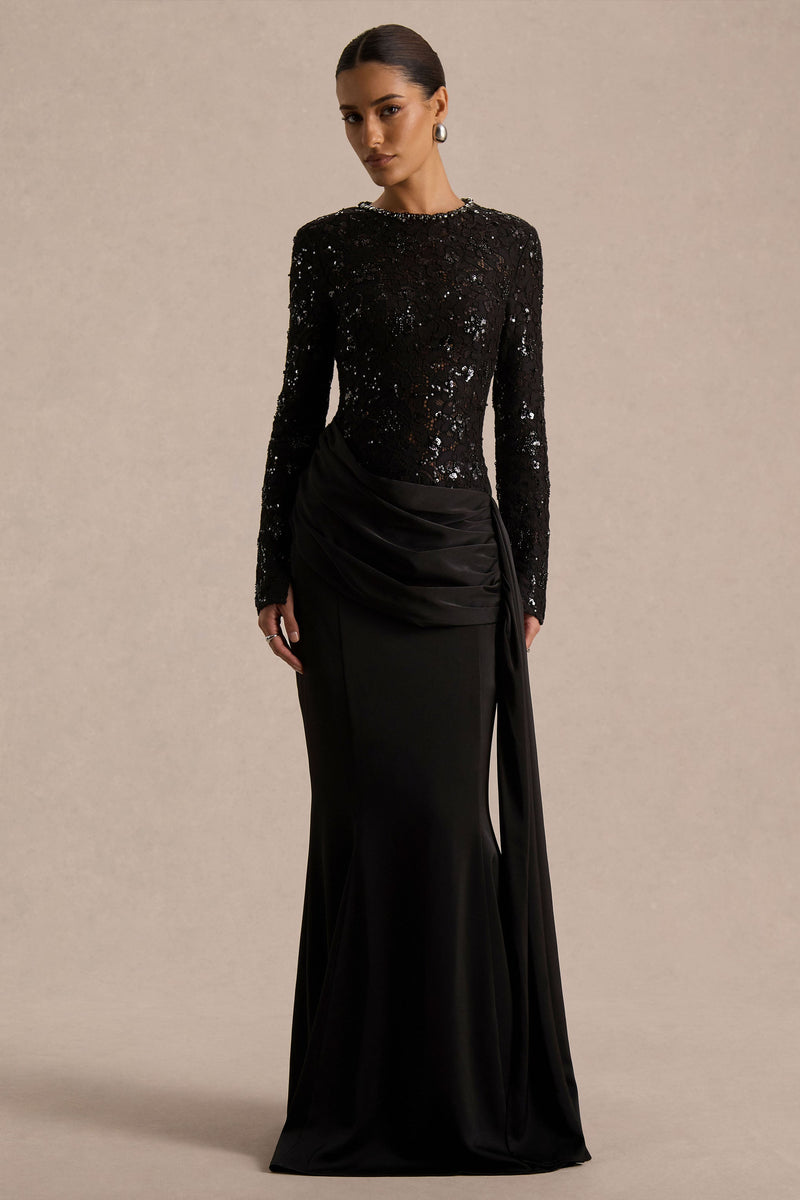 Beau Black Lace High-Neck Maxi Dress With Draped Detail – Club L London