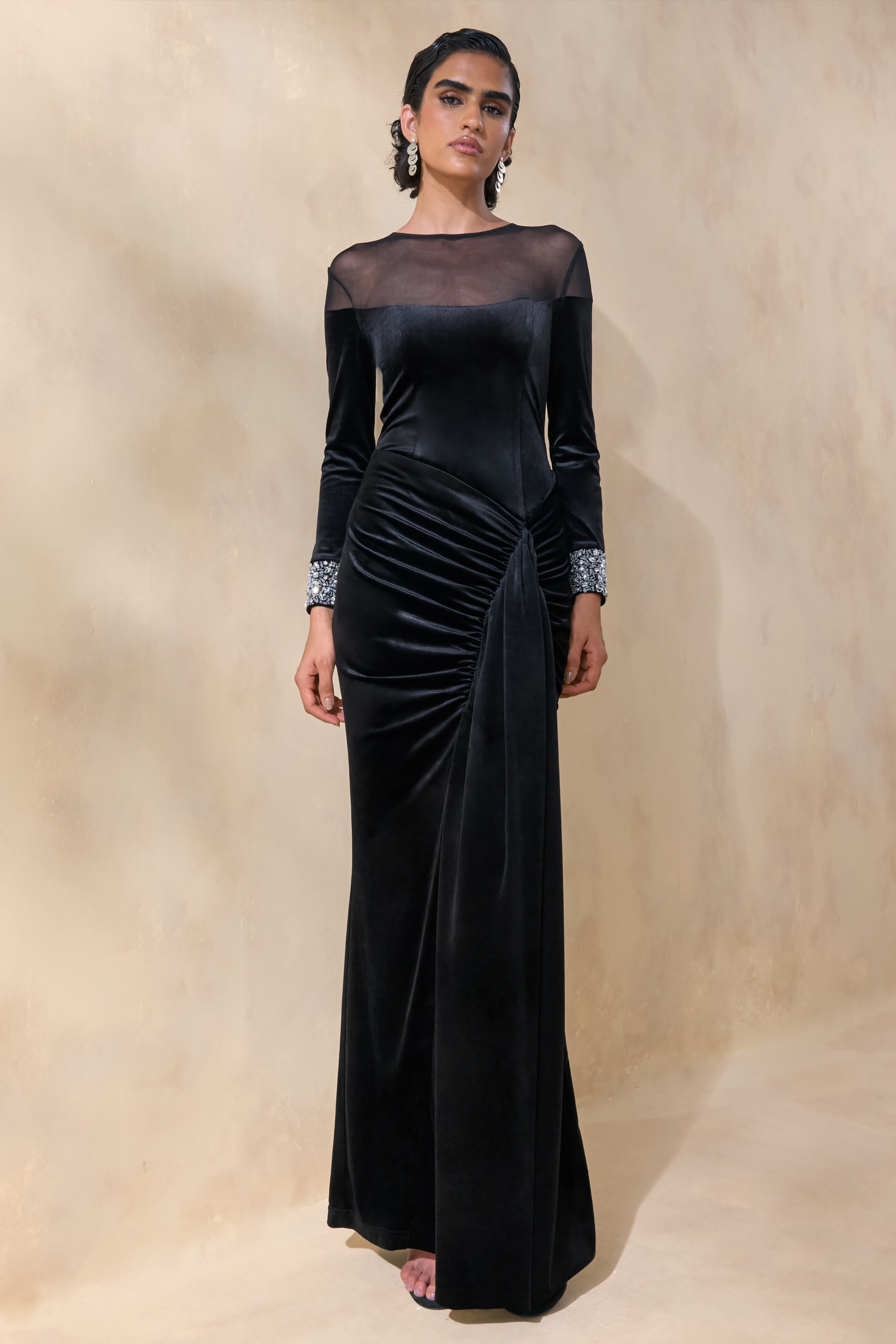 Perrin | Black Velvet Crew-Neck Maxi Dress With Embellished Cuffs