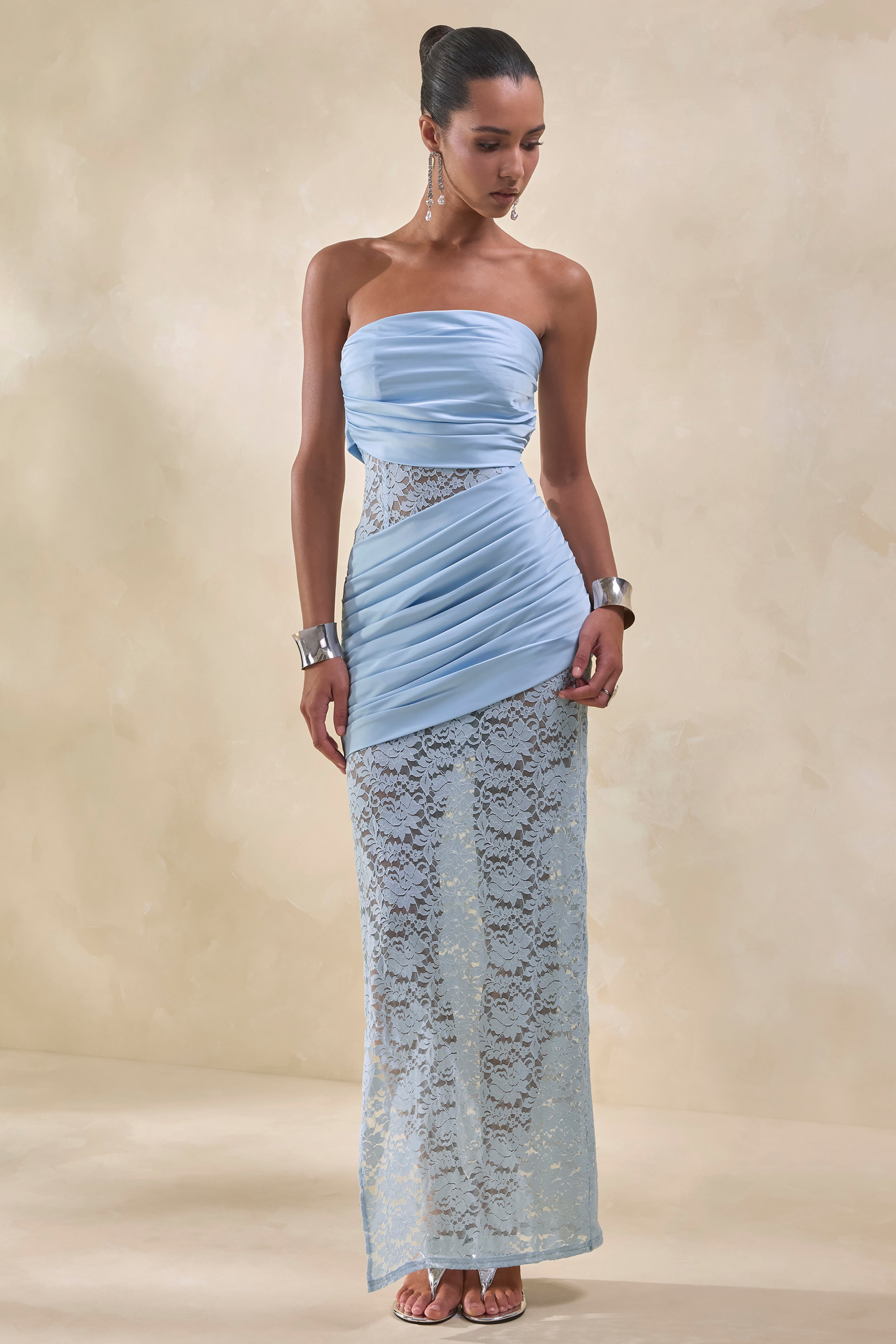 Dulcie | Powder BLUE Lace And Satin Bandeau Maxi Dress With Wrap-Details