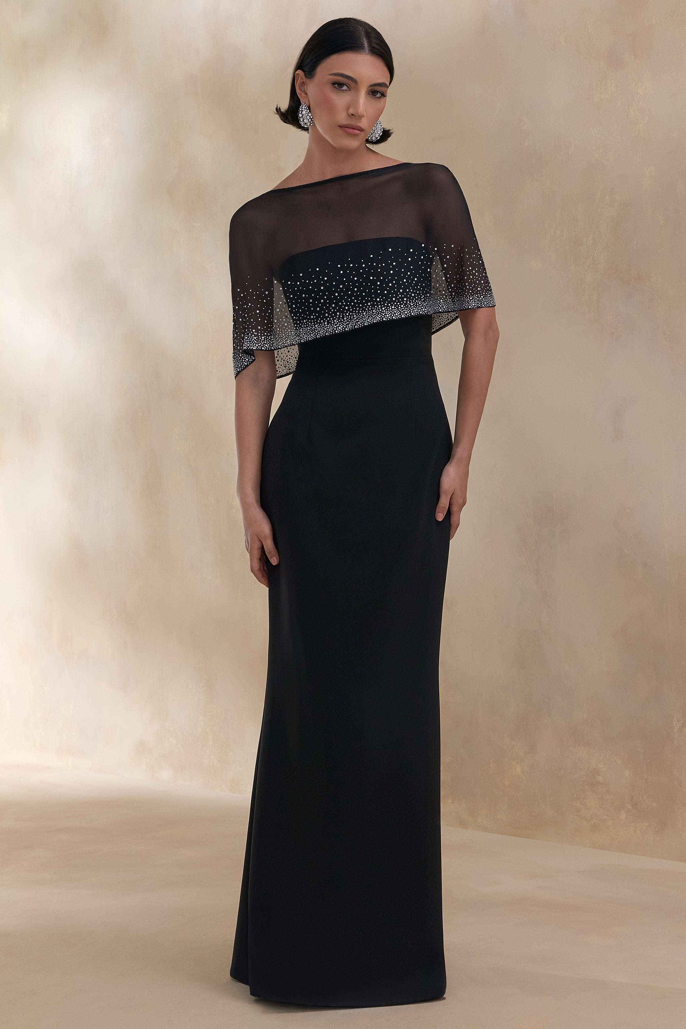 embellished long sleeve maxi dress in black Everly | Hand-Embellished Cape-Sleeve The ARRANGE embellished mesh Color:Purple Dress Leonora Linen Mini Dress Plus Size Clothing for Women